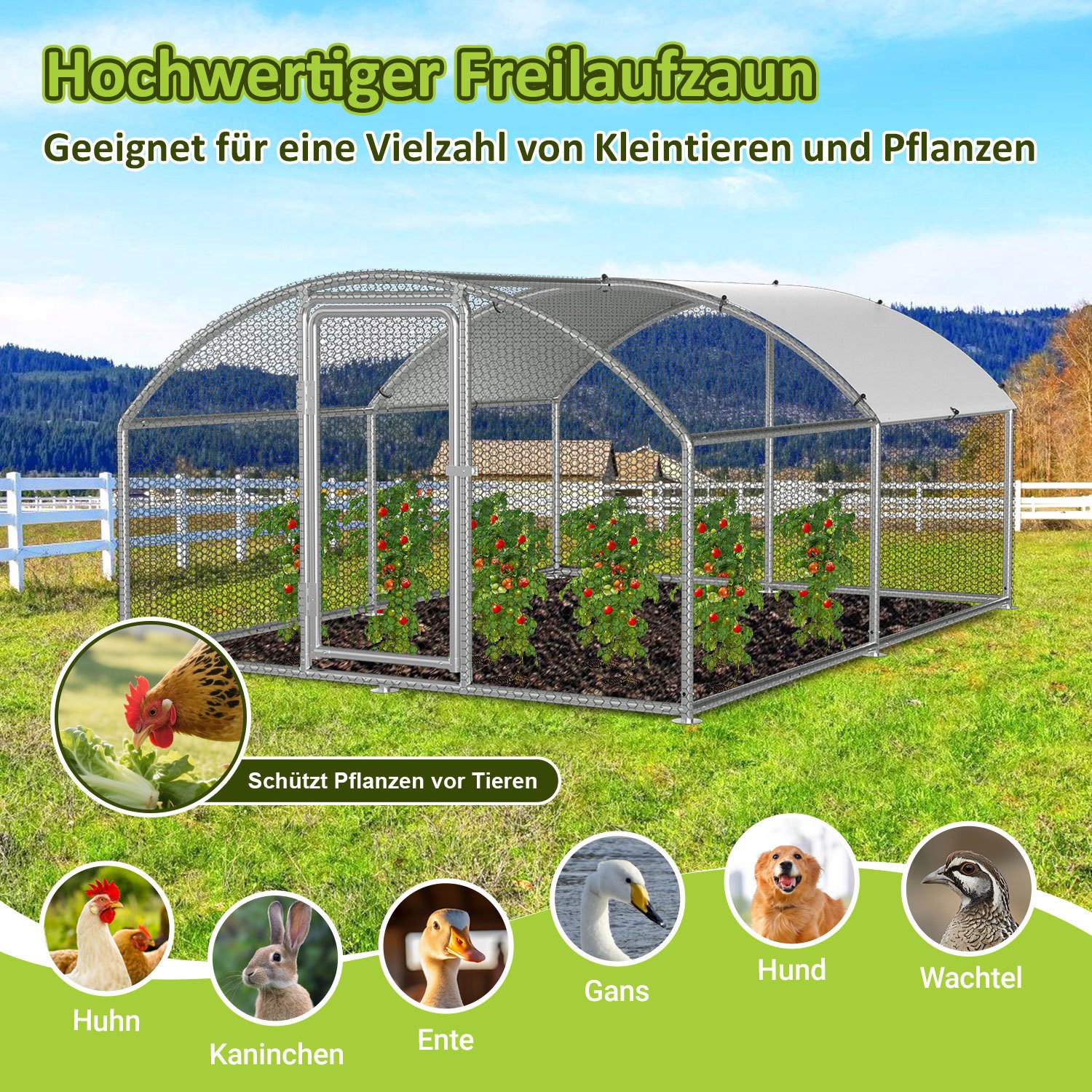 Clanmacy Hühnerstall Hühnerstall 3x4x2m Kuppeldach Freilaufgehege verzinkt mit PE-Dach, Verzinkter Rahmen, PE-Dach, PVC-beschichtetes Drahtnetz – Bild 3 von 5