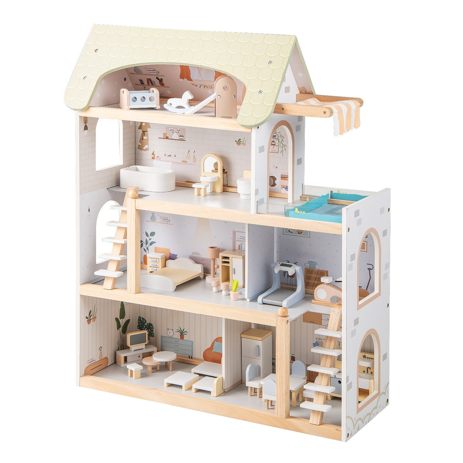 COSTWAY Puppenhaus, Holz, Kinder Dollhouse mit 33 Möbelstücken ab 3 Jahren günstig online kaufen
