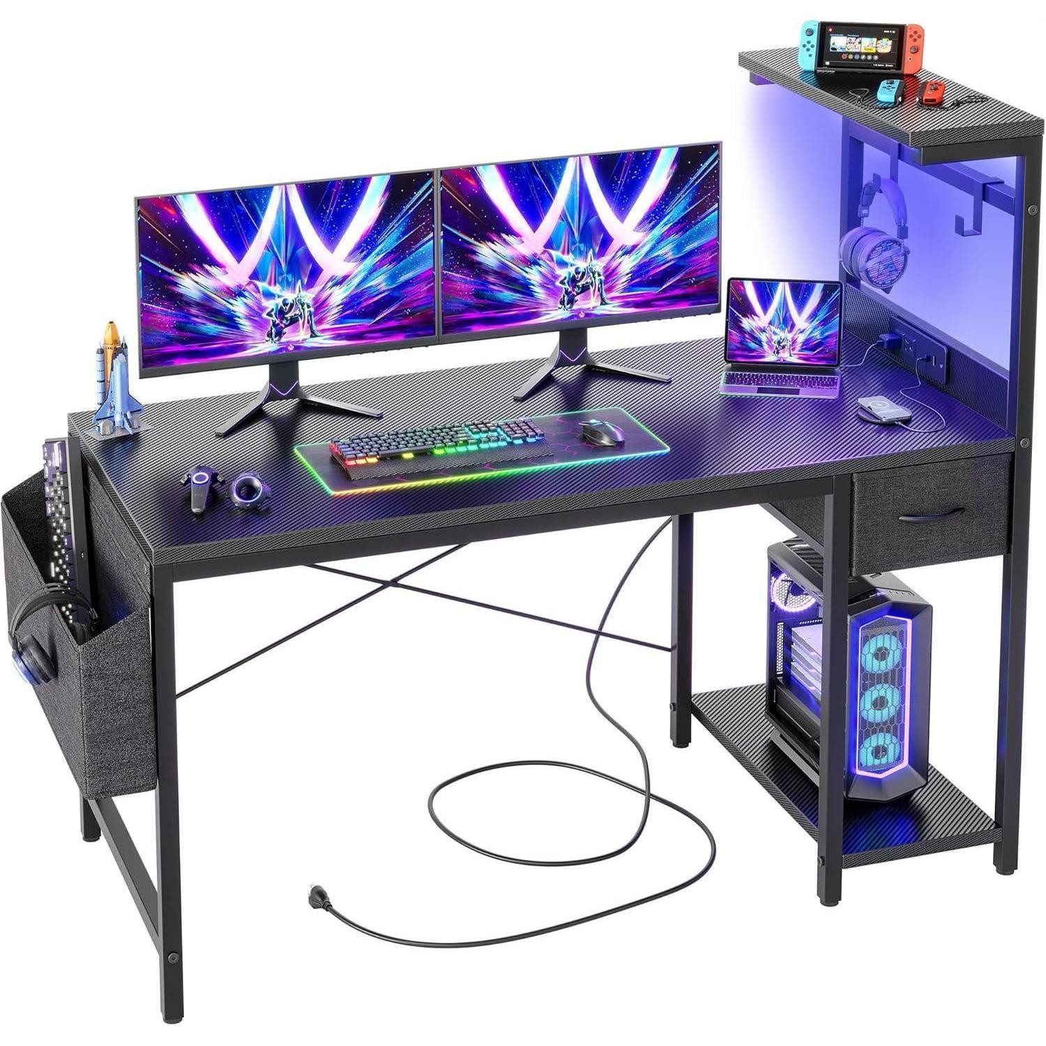 LuxusKollektion Gamingtisch Schreibtisch LED Steckdosen Gamer 120 x 50 cm Schwarzer Kohlenstoff