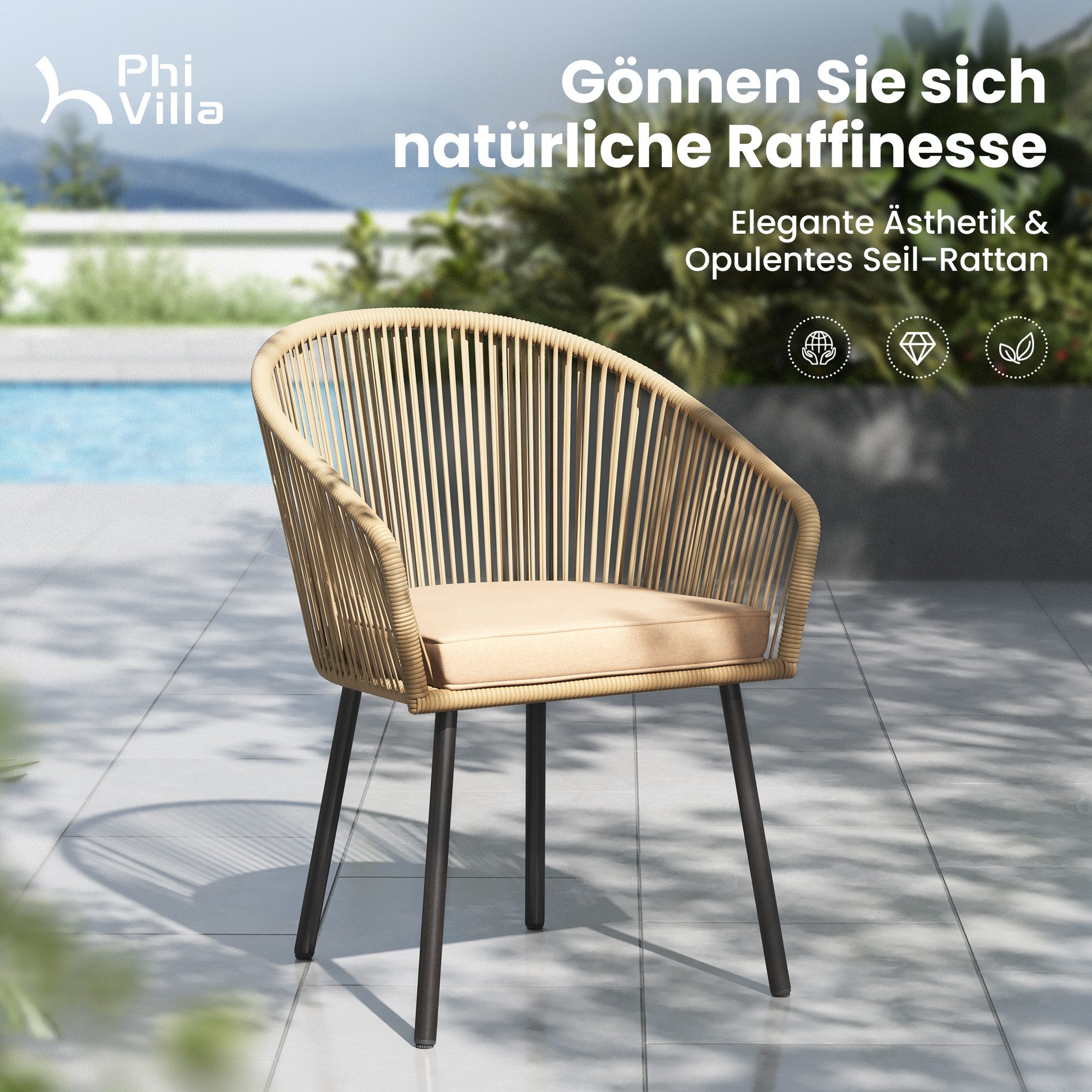 PHI VILLA Gartenstuhl (Rattansessel Gartensessel Balkonstuhl Outdoor Sessel), Gartenstuhl 4er Set für Hinterhof Balkon Terrasse, Beige