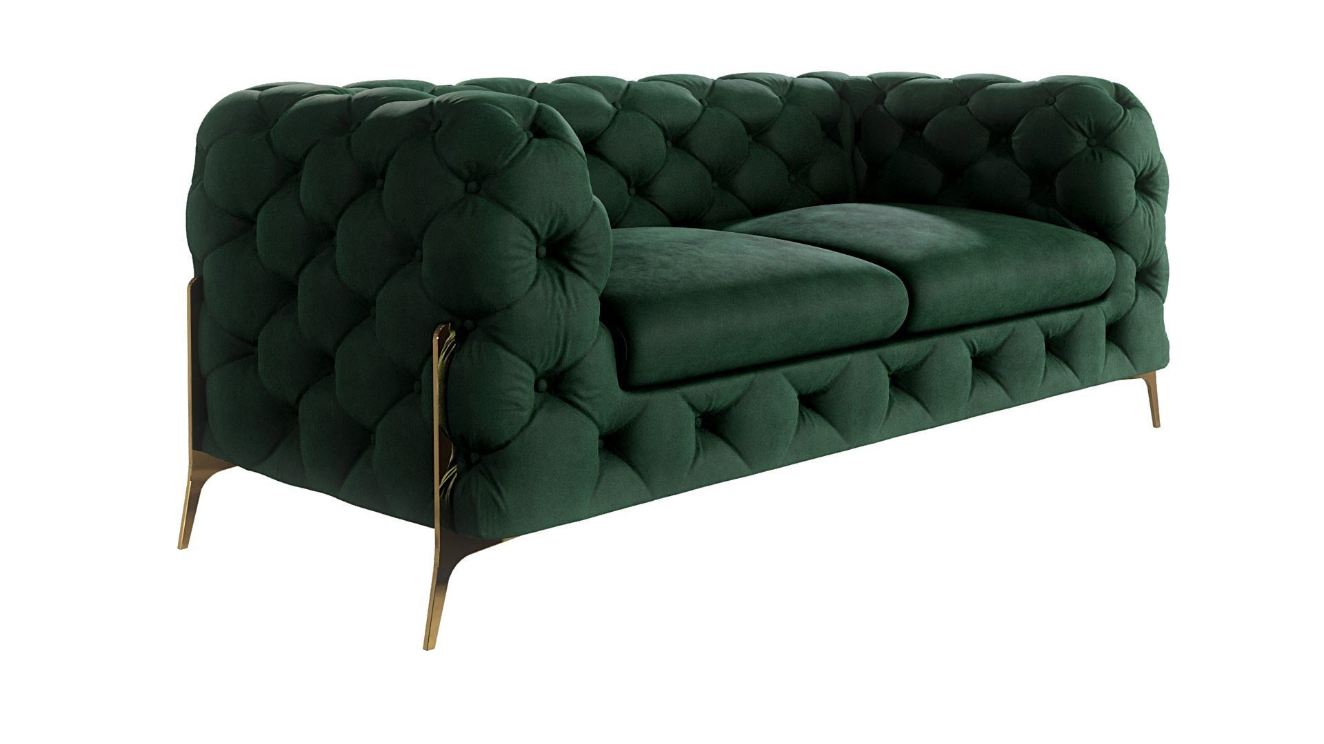 mit 2-Sitzer-Sofa, Polstergarnitur 3+2+1 Flasche mit 1x Grün Chesterfield Ashley Metall (1x S-Style Polstergarnitur 3-Sitzer-Sofa, 1x Sessel), Füßen, Möbel Wellenfederung Goldene