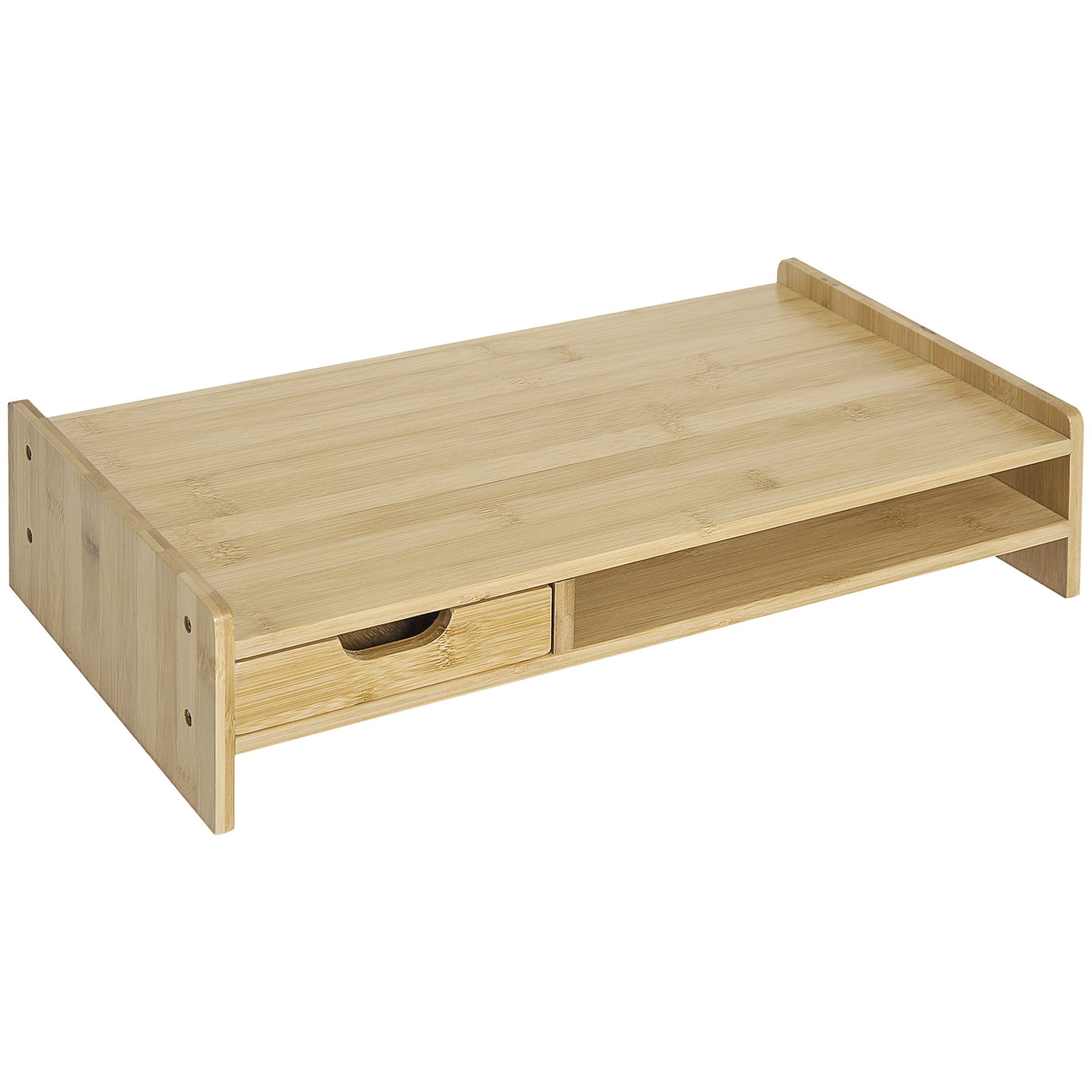 HOMCOM Monitor-Halterung Monitorständer Bildschirmständer Schreibtisch-Organizer, (bis 19.2 Zoll, Mit Schubladen, 1-tlg., Natur, 49cm x 25,5cm x 11,5cm)