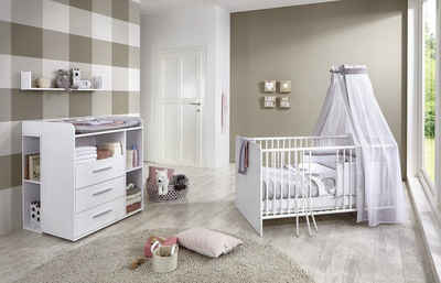 moebel-dich-auf Babyzimmer-Komplettset KIM 6, (in weiß, Babybett + Wickelkommode + Unterbauregal-Set), optional mit Matratze, Umbauseiten-Set oder Textil-Set