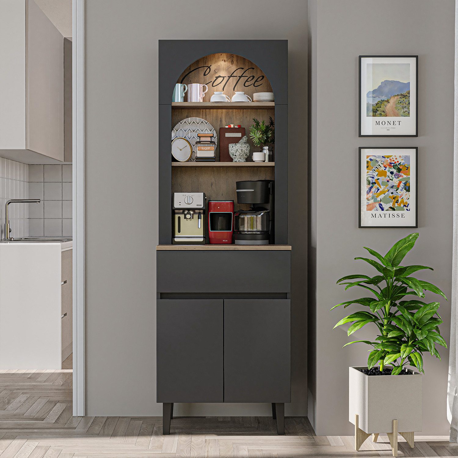 Roomart Küchenregal VENEDIK Küchenschrank 60 cm, Buffet, Schublade in 4 Farben, Buffet- & Mehrzweckschrank, LED Bogennische, Schublade, 4 Farben, 18 mm Platten