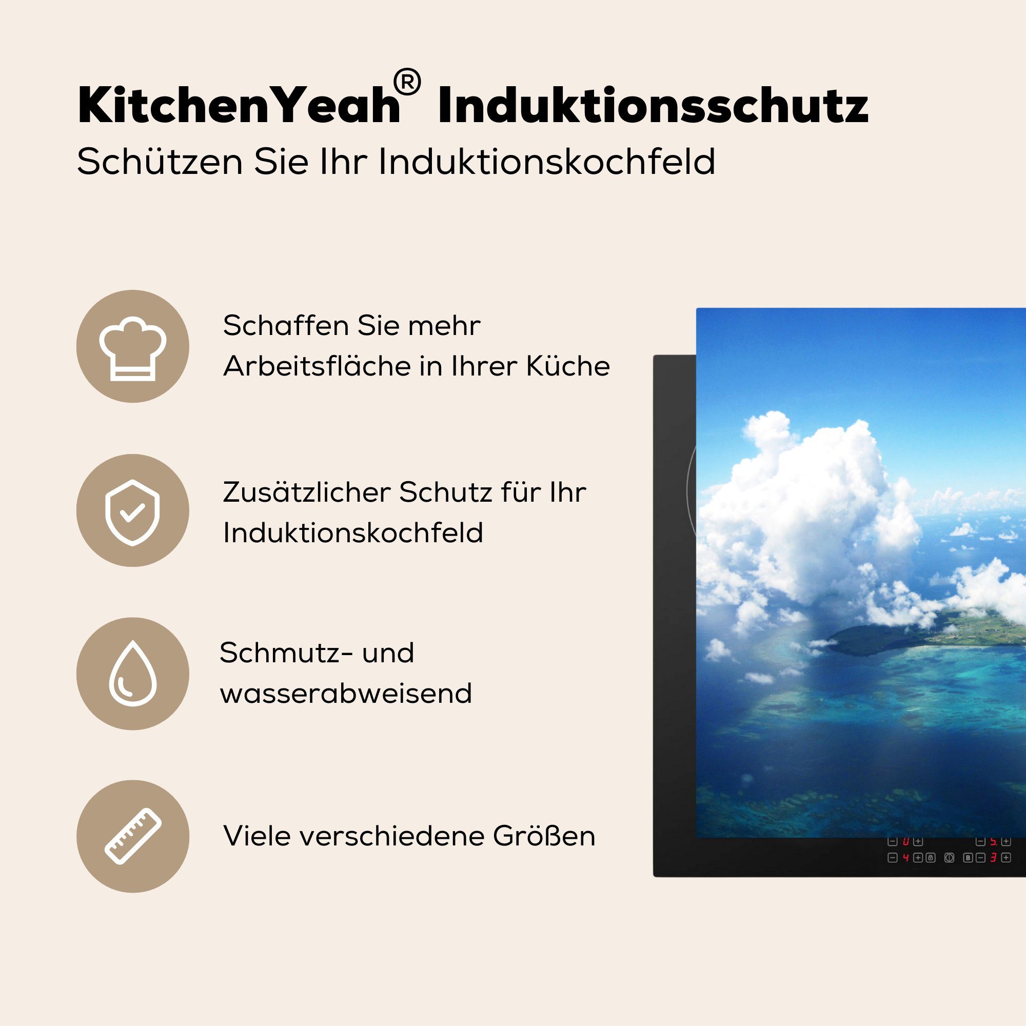 cm, Herdblende-/Abdeckplatte Meer küche (1 MuchoWow - 78x78 tlg), Ceranfeldabdeckung, Sonne, Arbeitsplatte - für Vinyl, Wolken