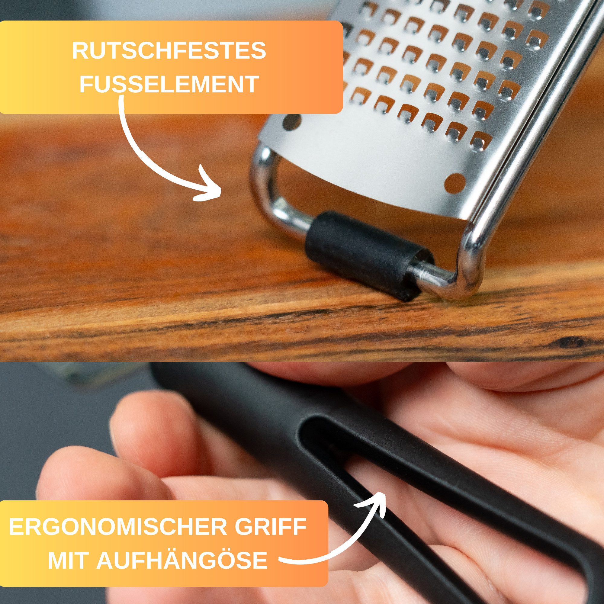 Thiru Multireibe Premium mit Edelstahl Klingen und rutschfestem Fuß inkl. Schutzelement, Grob, Messerscharfe Klingen, inklusive Schutzelemt und Rezeptbuch – Bild 5 von 5