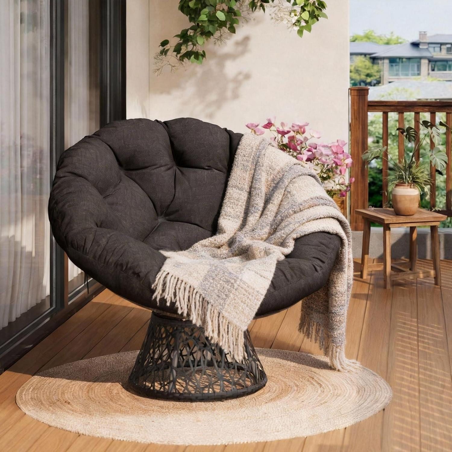 LuxusKollektion Drehsessel Papasan Sessel Rattan Kissen Stahl 360Grad Drehfunktion Grau