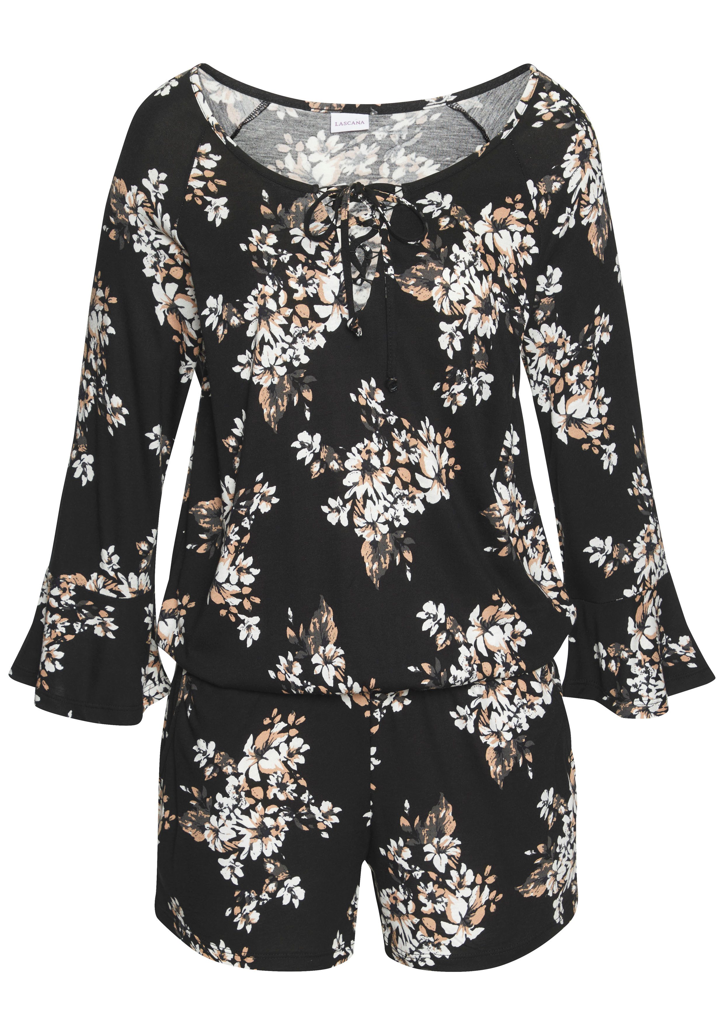 LASCANA Overall mit Volant am 3/4-Arm, kurzer Jumpsuit mit Blumenprint günstig online kaufen