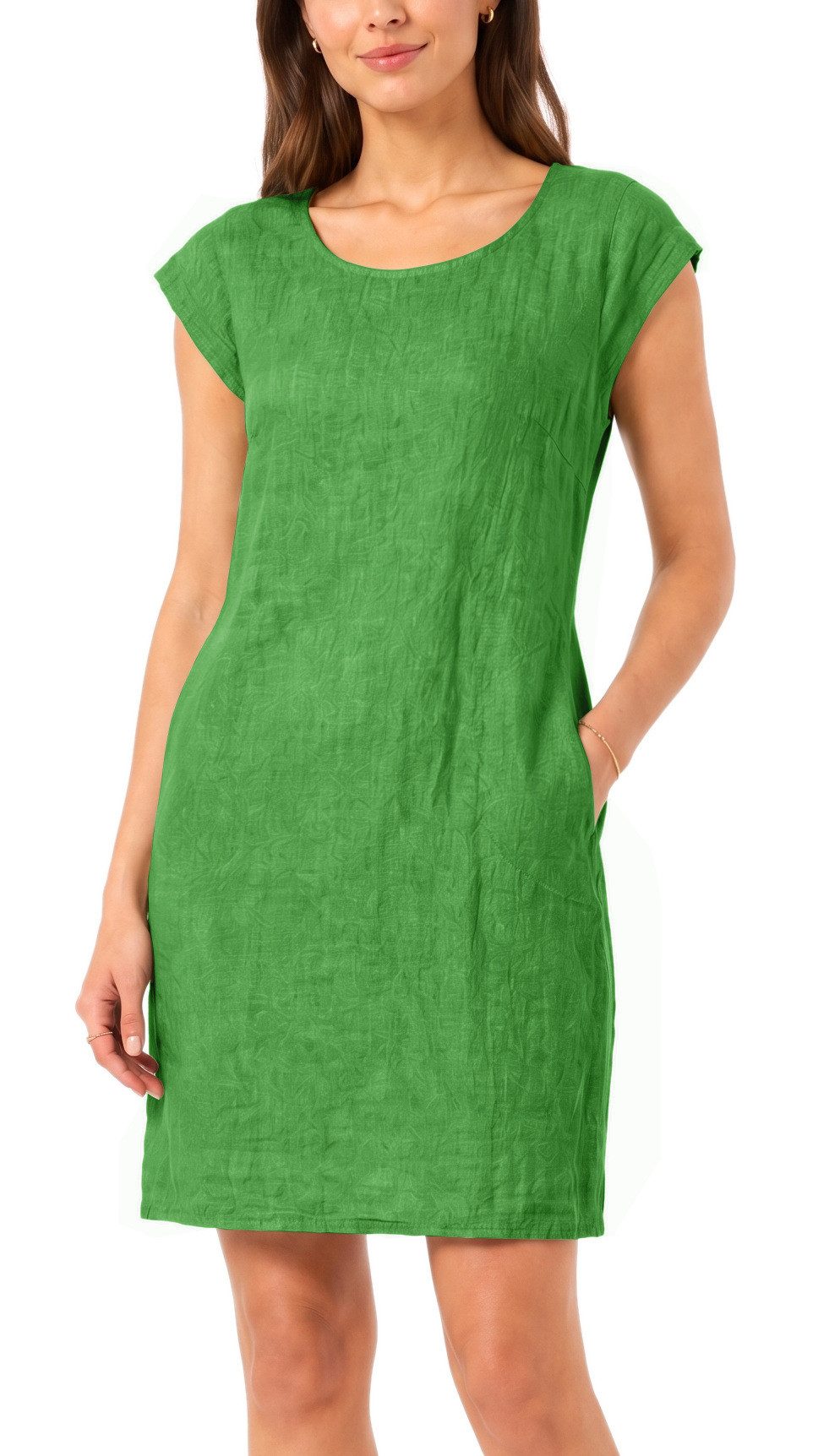 dy_mode Midikleid Einfarbiges Damen Leinenkleid Sommerkleid Kurzarm Midi Kleid in Unifarbe, mit Eingriffstaschen, leicht taillierte Passform