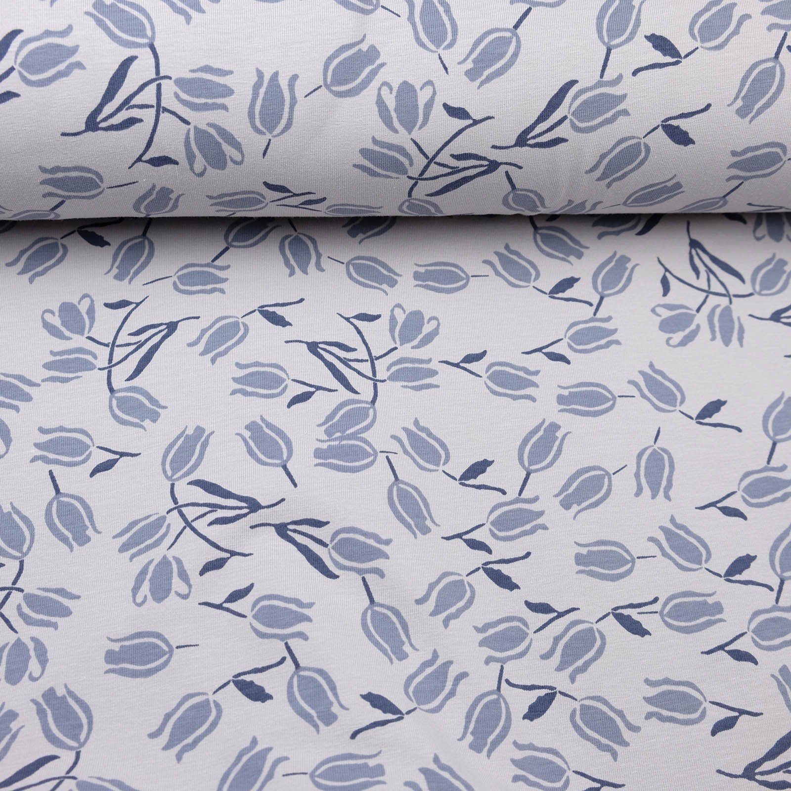 larissastoffe Stoff Bio Jersey Blumen Überbreite Tulpe christal blau, Meterware, 50 cm x 160 cm überbreit