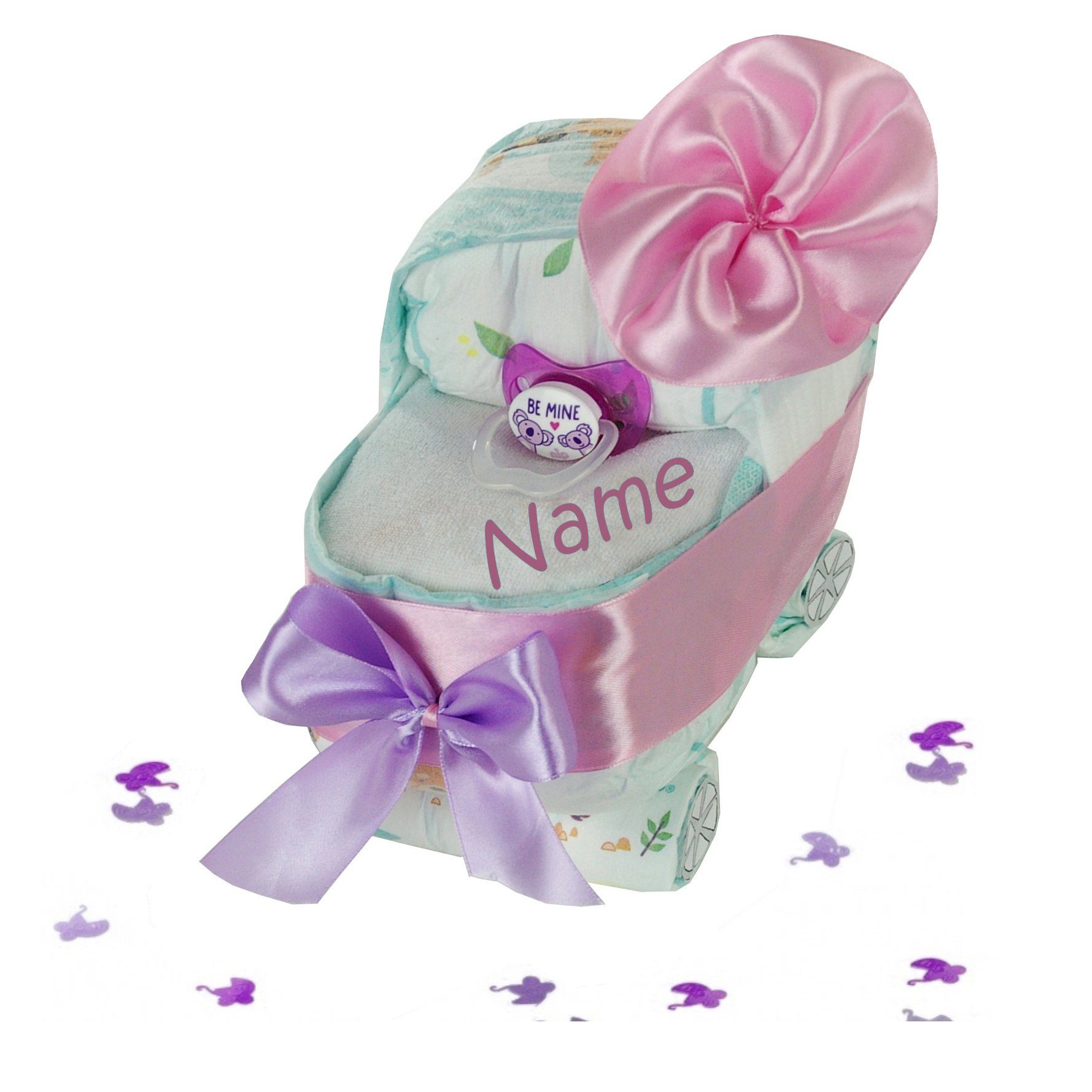 dubistda-WINDELTORTEN- Neugeborenen-Geschenkset Windeltorte Windelwagen + Baby Lätzchen mit Namen bedruckt 21-teilig