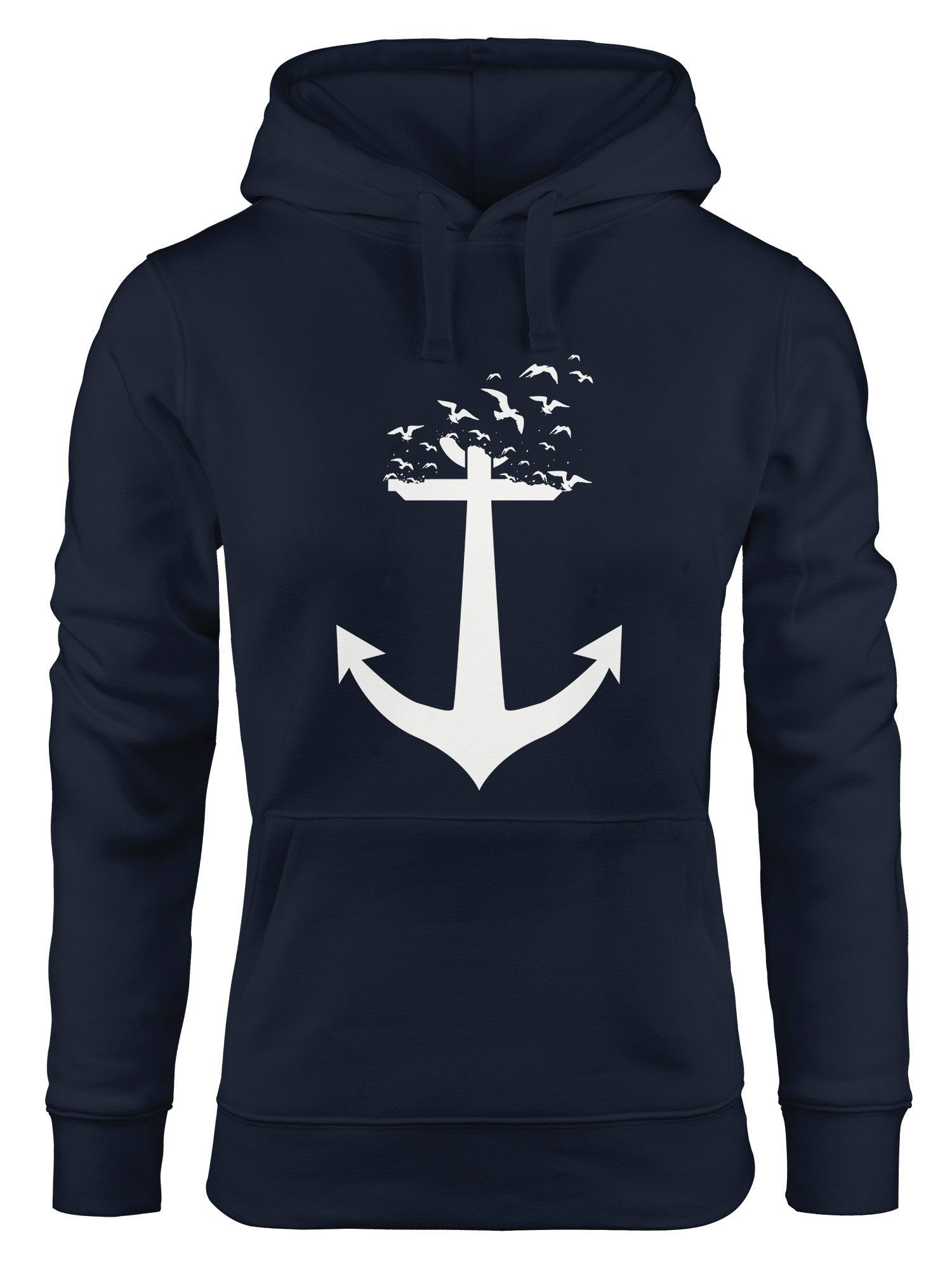 Anker Damen Vögel MoonWorks navy Sweatshirt Kapuzenpullover Birds Hoodie Anchor Hoodie Moonworks®