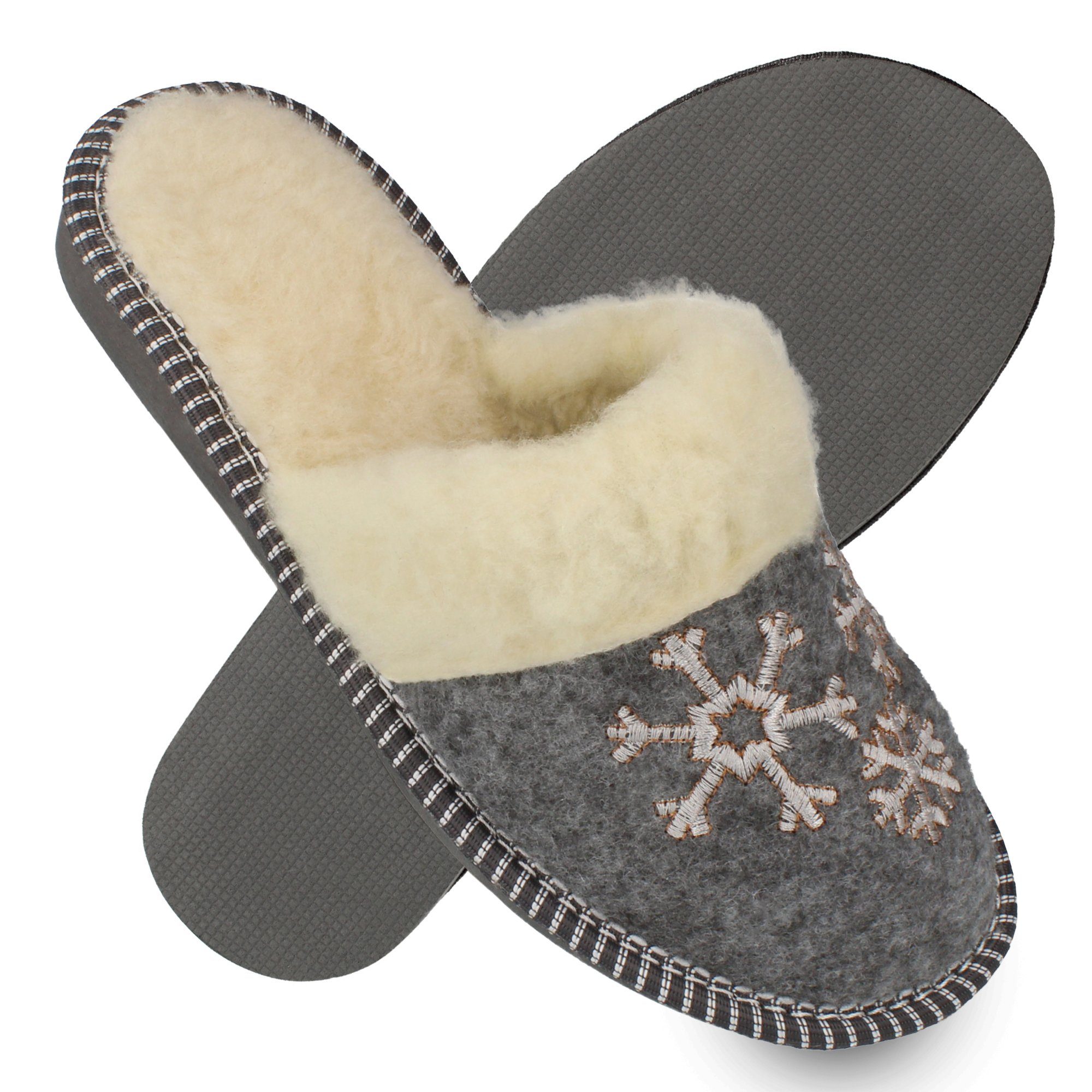 filsko Hübsche Winter-Pantoffeln mit Schneeflocken Hausschuh mit Schafwolle