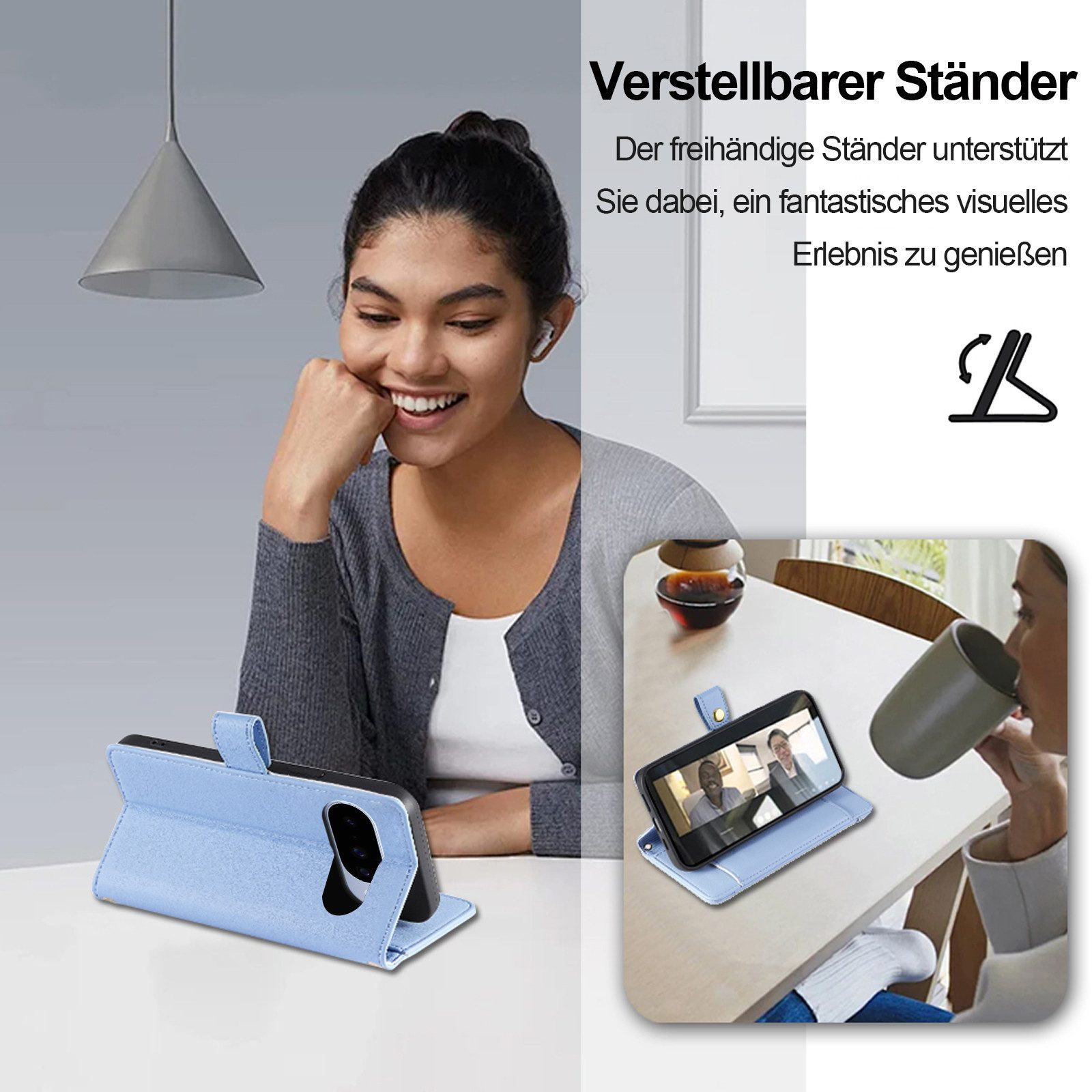 betterfon Handykette für Google Pixel 10 / 10 Pro mit Band Kartenfächer PU Leder Hellblau, Hände frei - mit Silikonhülle & Schnur für flexiblen Alltag – Bild 3 von 5