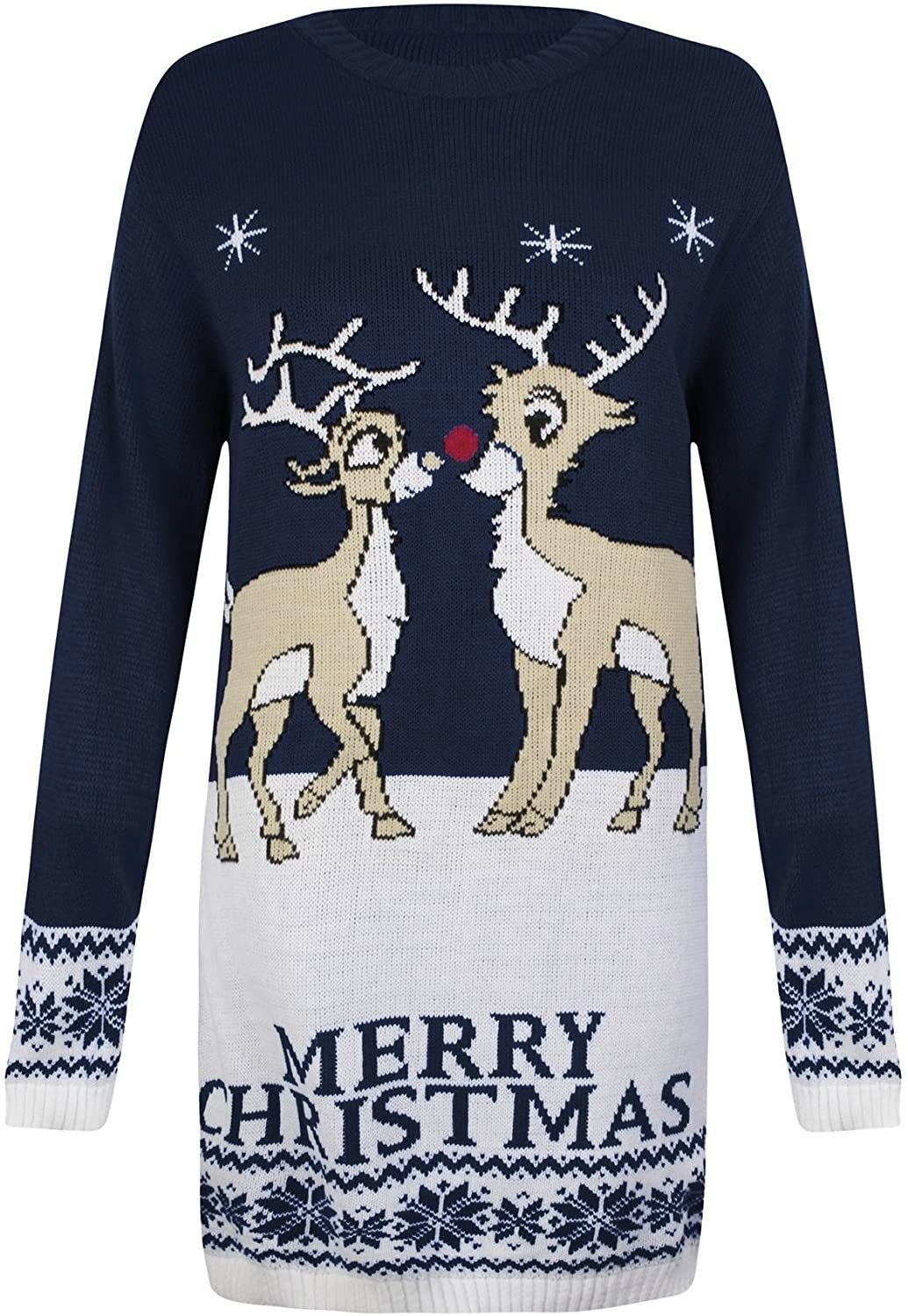 Worldclassca Weihnachtspullover Worldclassca Weihnachten Merry Christmas Sweater Damen Pullover Teenager Mädchen Pulli Weihnachtspullover Xmas Rudolph Rentier Rote Bommel Nase S-XXL Blau-4