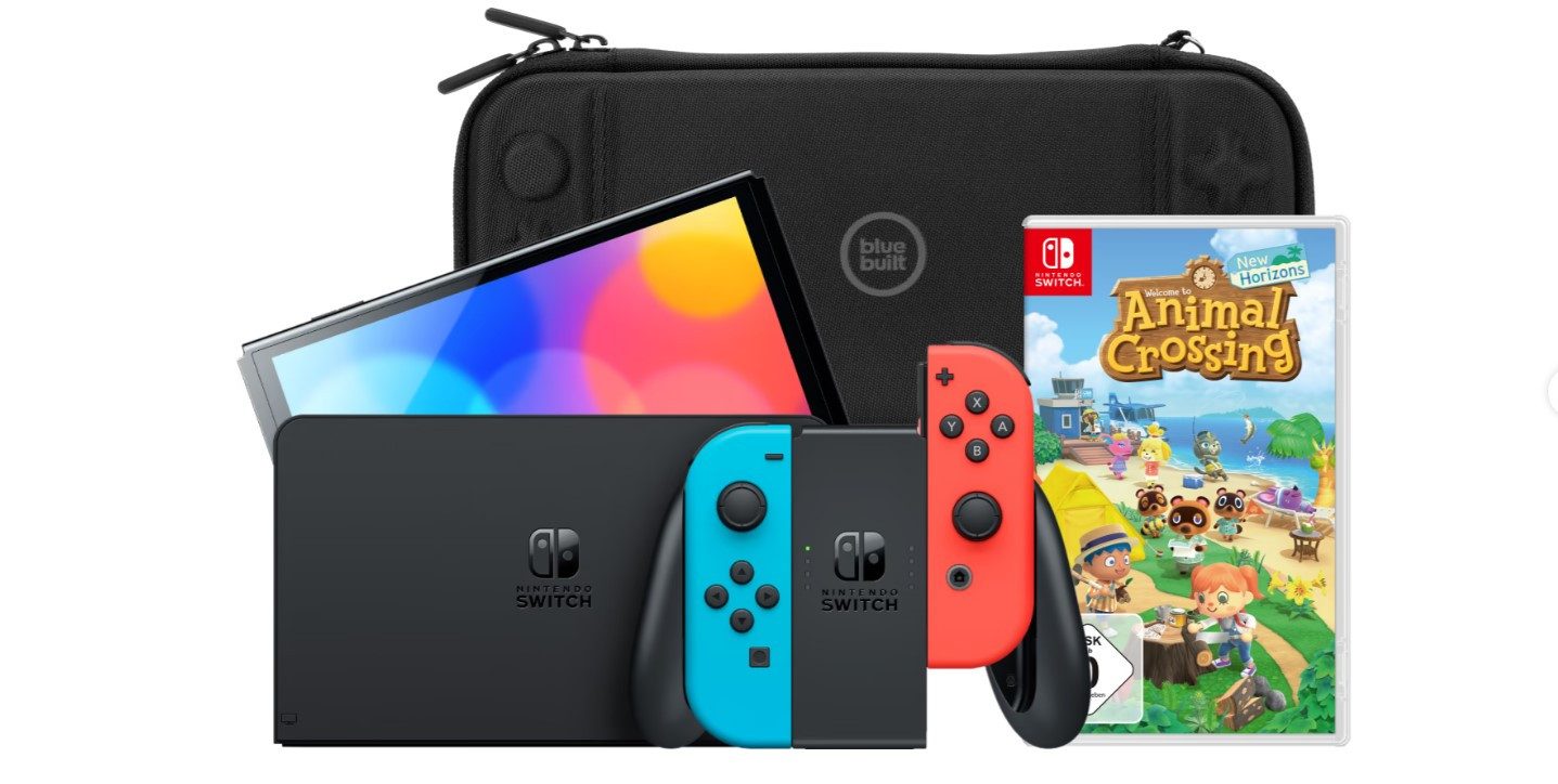 OLED Blau/Rot + Animal Crossing New Horizons + Bluebuilt Travel Case