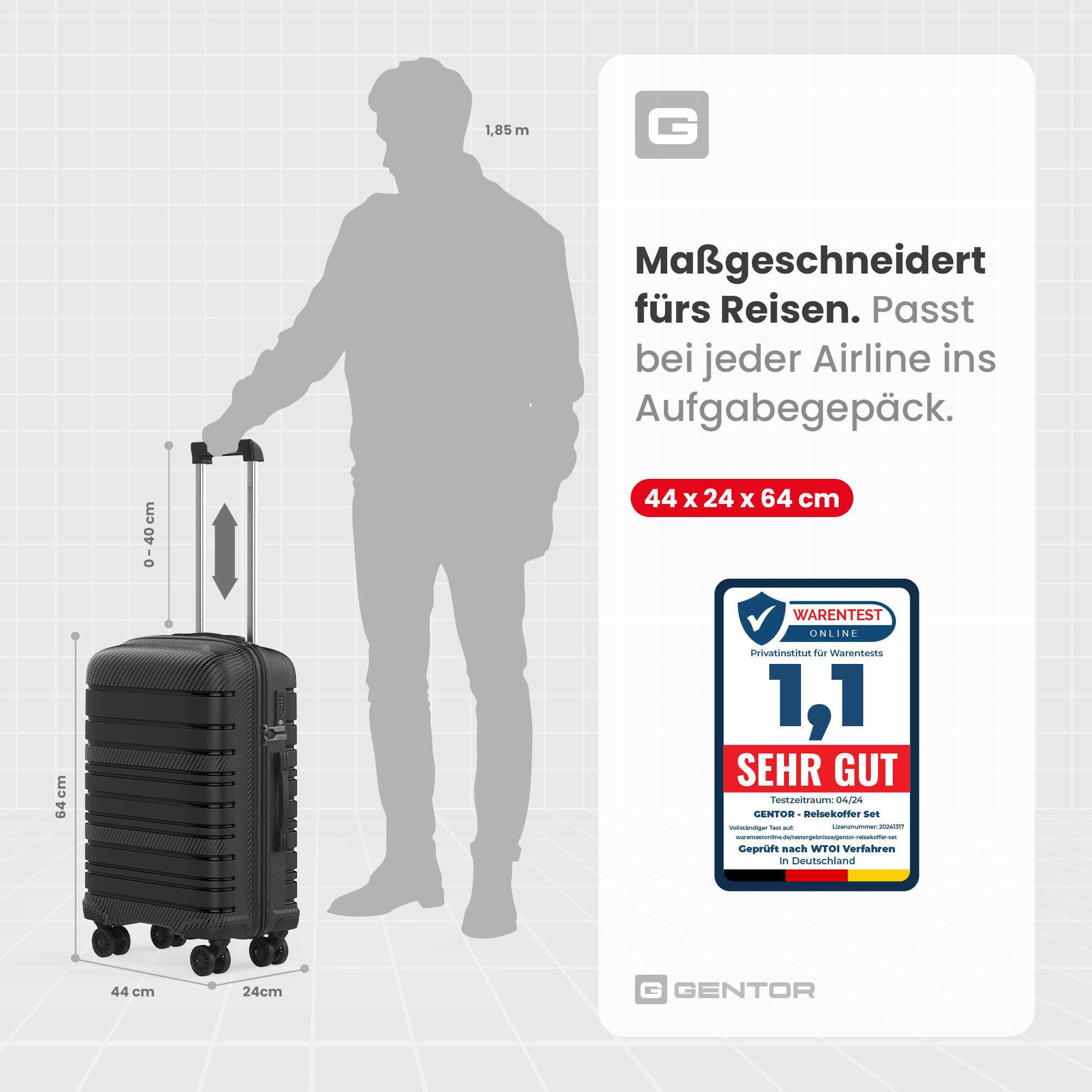 GENTOR Hartschalen-Trolley Koffer Reisekoffer Hartschalenkoffer Trolley Rollkoffer Handgepäck, 4 Rollen, PP Harteschalenkoffer & Reisekoffer