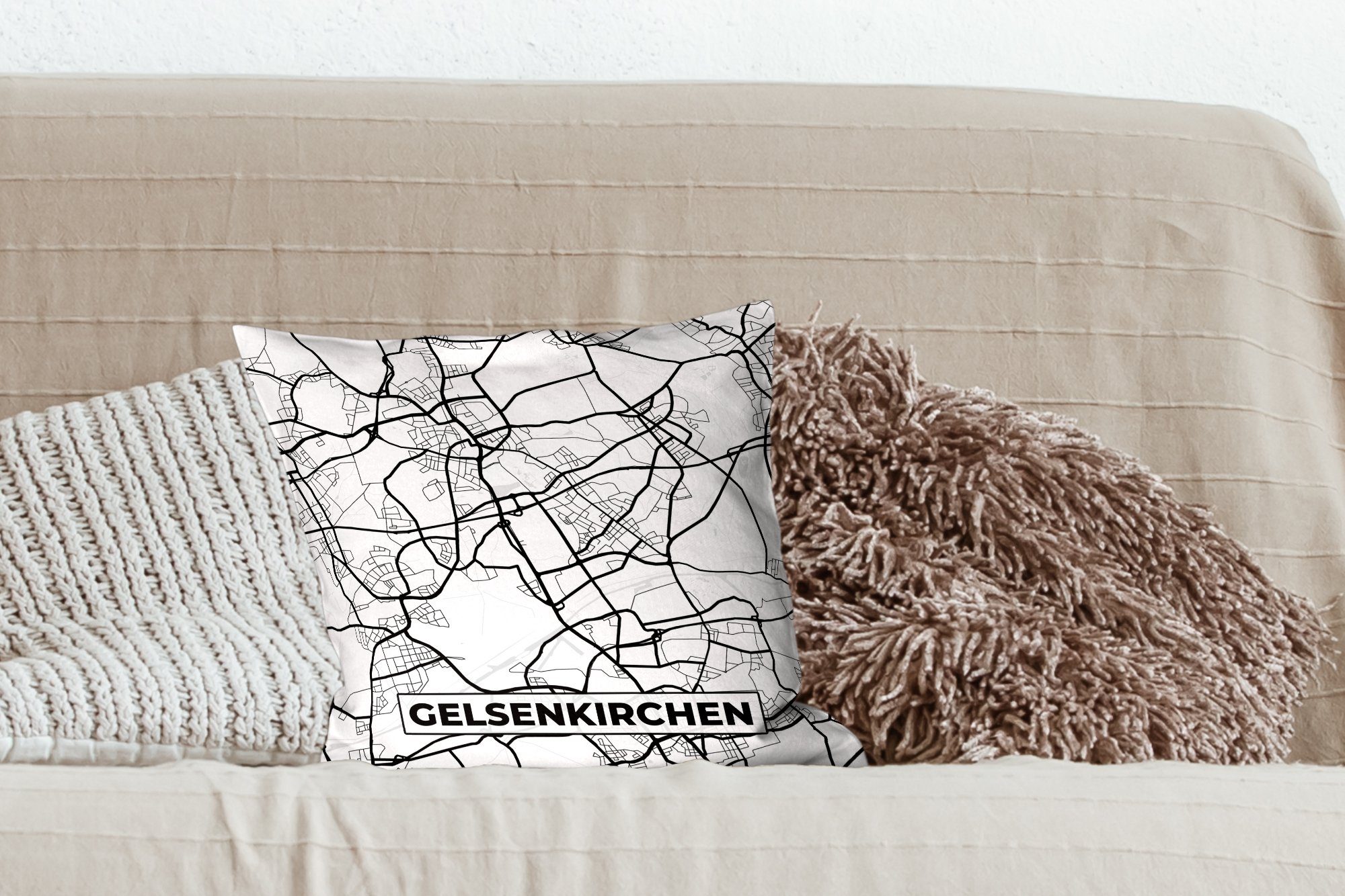 MuchoWow Dekokissen Karte - Gelsenkirchen - Wohzimmer, Stadtplan, Sofakissen mit Deko, für Schlafzimmer, Füllung Zierkissen