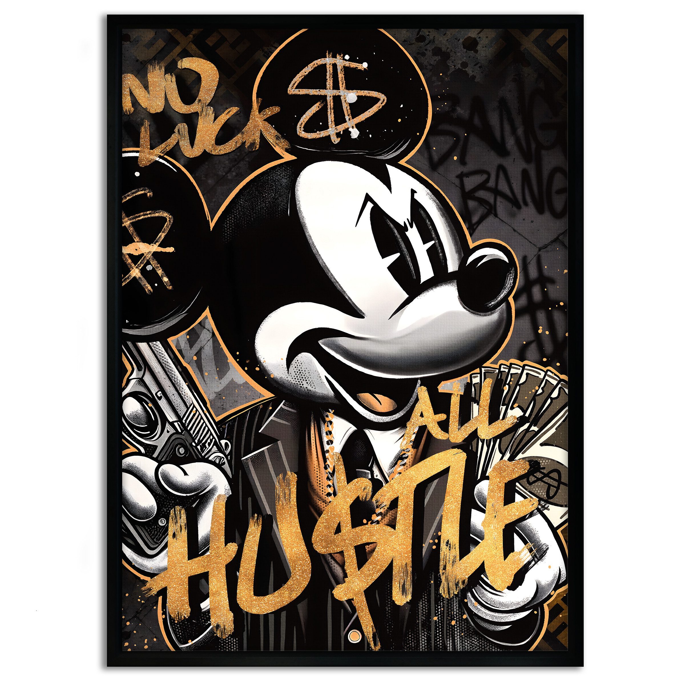 SimpleCanvas Wandbild All Hustle Mickey - Leinwandbild Pop Art / Motivation, Wandbild Mickey Mouse, Geld, Motivation