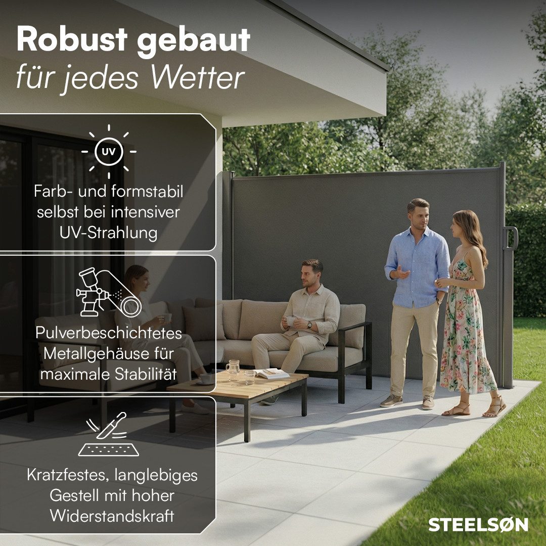 STEELSØN Seitenmarkise Zirella mit individuell einstellbarer Länge (anthrazit, 160x300 cm) Windschutz mit Griff, Sichtschutz ausziehbar, für Garten/Terrasse