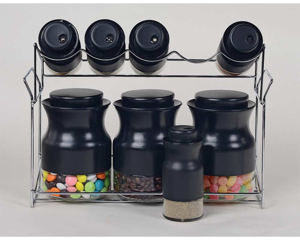 Schäfer Elektronik Gewürzregal Kitchen House 9-teiliges Gewürz-Set aus Glas inklusive Ständer Gewürzregal Ständer Set Aufbewahrung Mehrzweck, schwarz, 9-tlg. | Gewürzregale