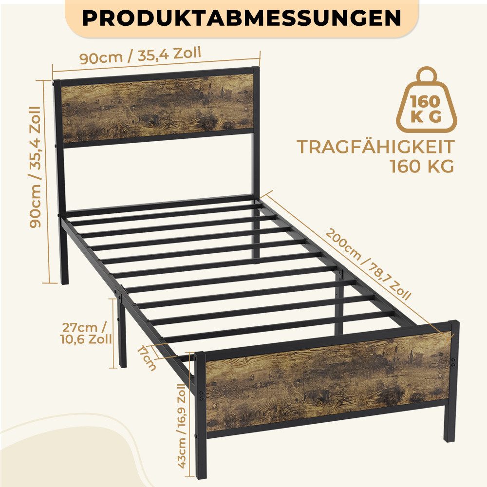 PFCTART Metallbett Bett 90x200 Metallbett mit Holzoptik, Stahl & MDF, Vintage (Set, 1-tlg., Bettgestell 90x200 als Einzelbett, inkl. Lattenrost, für Jugendzimmer), 160 kg, 90 cm Kopfteil, 27 cm Bodenfreiheit, schwarz, kratzerfest