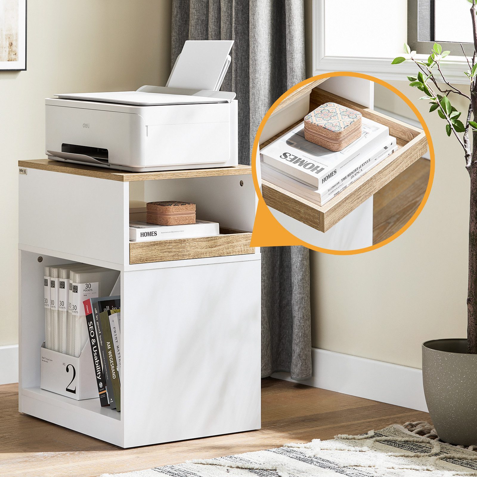 SoBuy Druckertisch ASK08, Rollcontainer mit Schubladen, Nachttisch, Beistelltisch, Rollcontainer Aktenschrank mit Rollen Rollwagen Lagerschrank