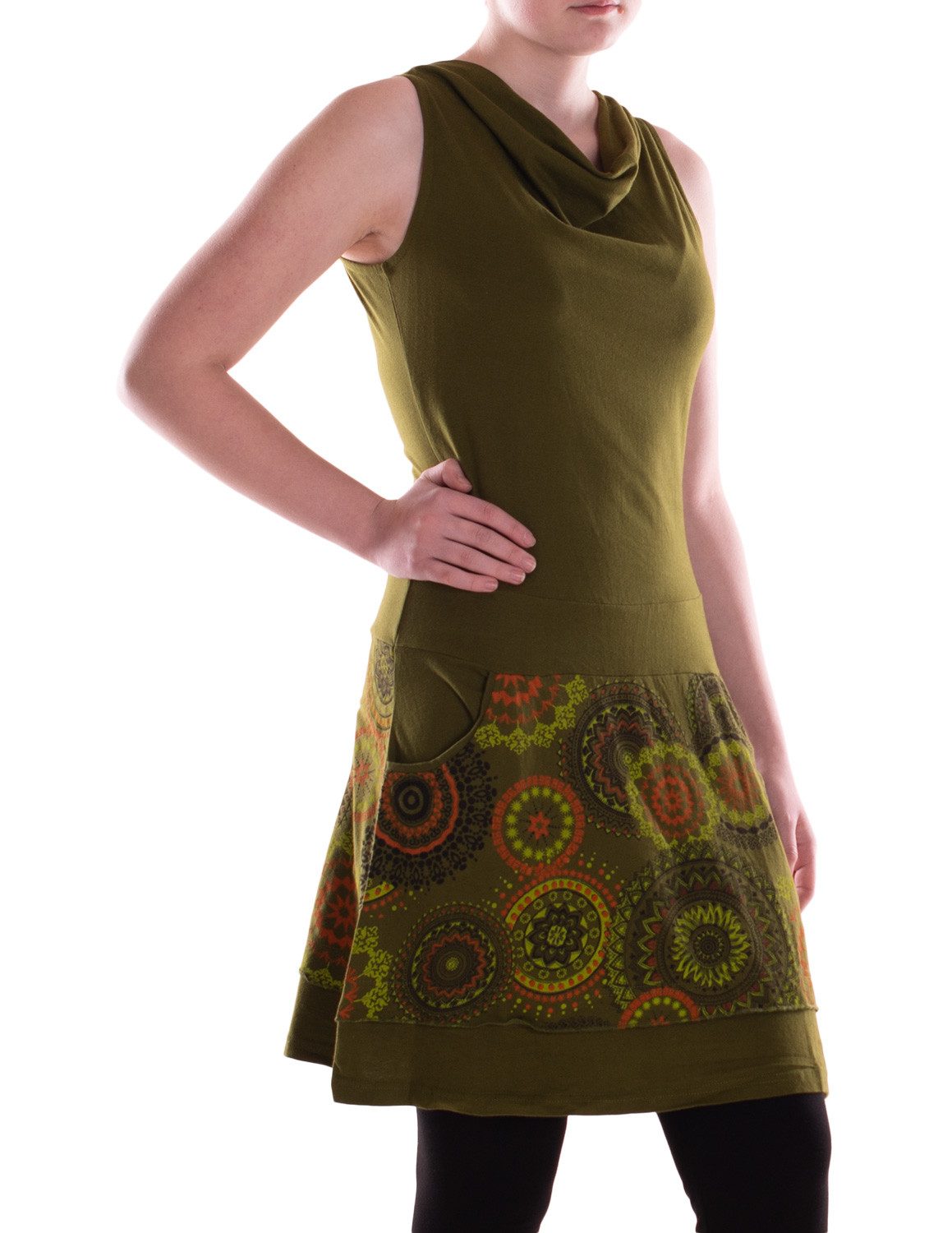 Sommerkleid Mittellanges Kleid geometrisches Muster Wasserfall-Ausschnitt Taschen