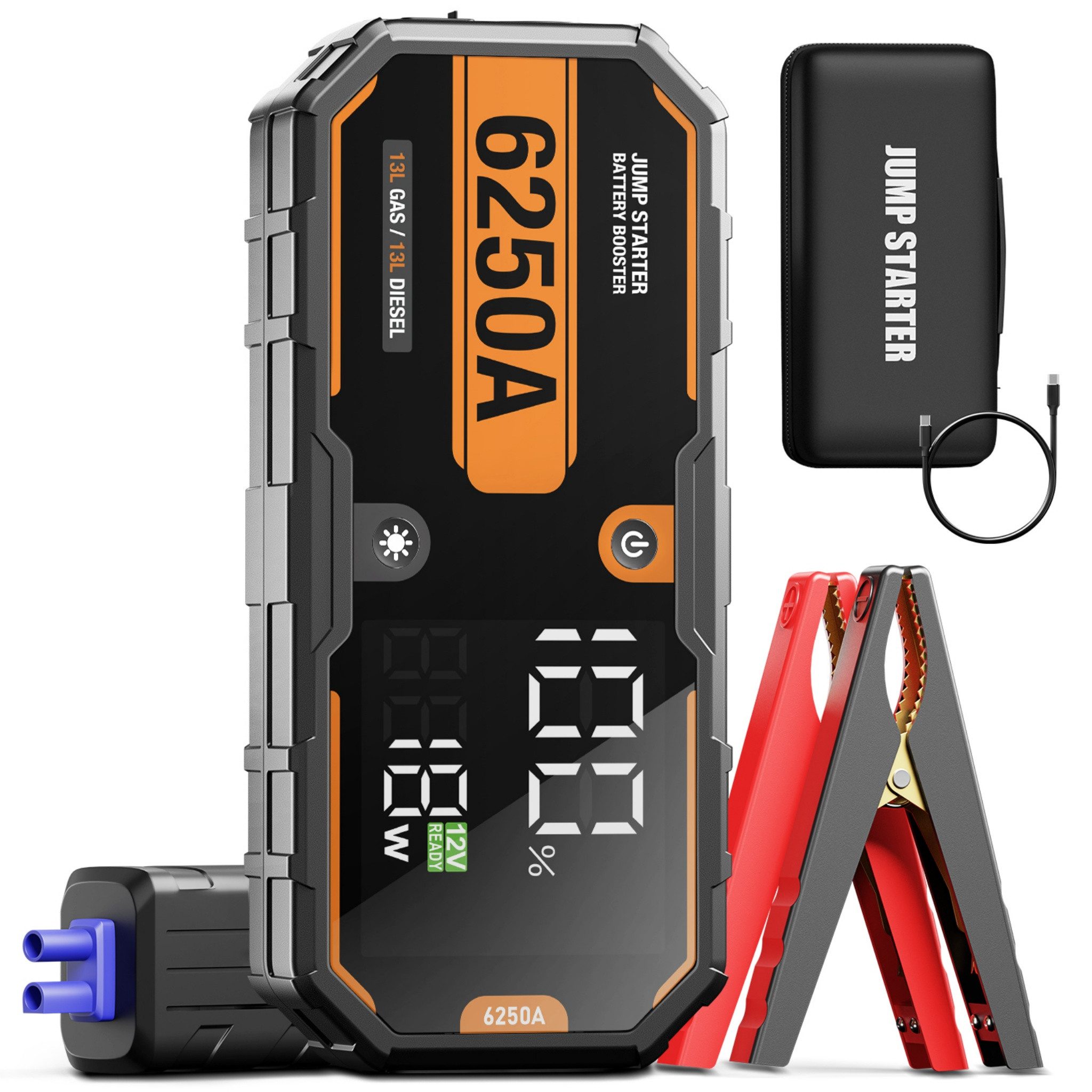 Blossom Auto-Starthilfe 6250A mit Powerbank, 3,7" LED-Display, 18W USB-C PD Starthilfegerät 32000 mAh (12 V), LED-Licht, 12V Batteriestarter für Benzin- & Dieselmotoren bis 13L