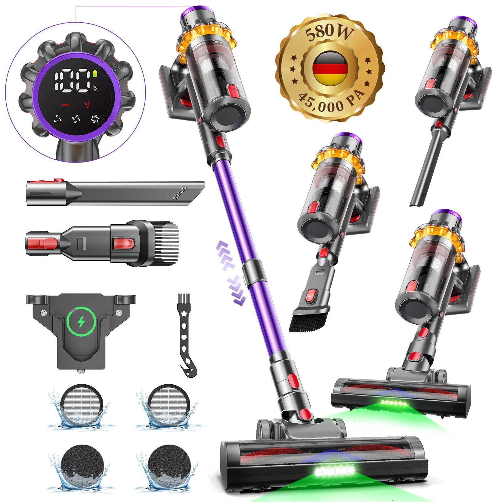 Akku-Hand-und Stielstaubsauger Akku Staubsauger 45000Pa/580W/70mins Kabelloser Stabstaubsauger