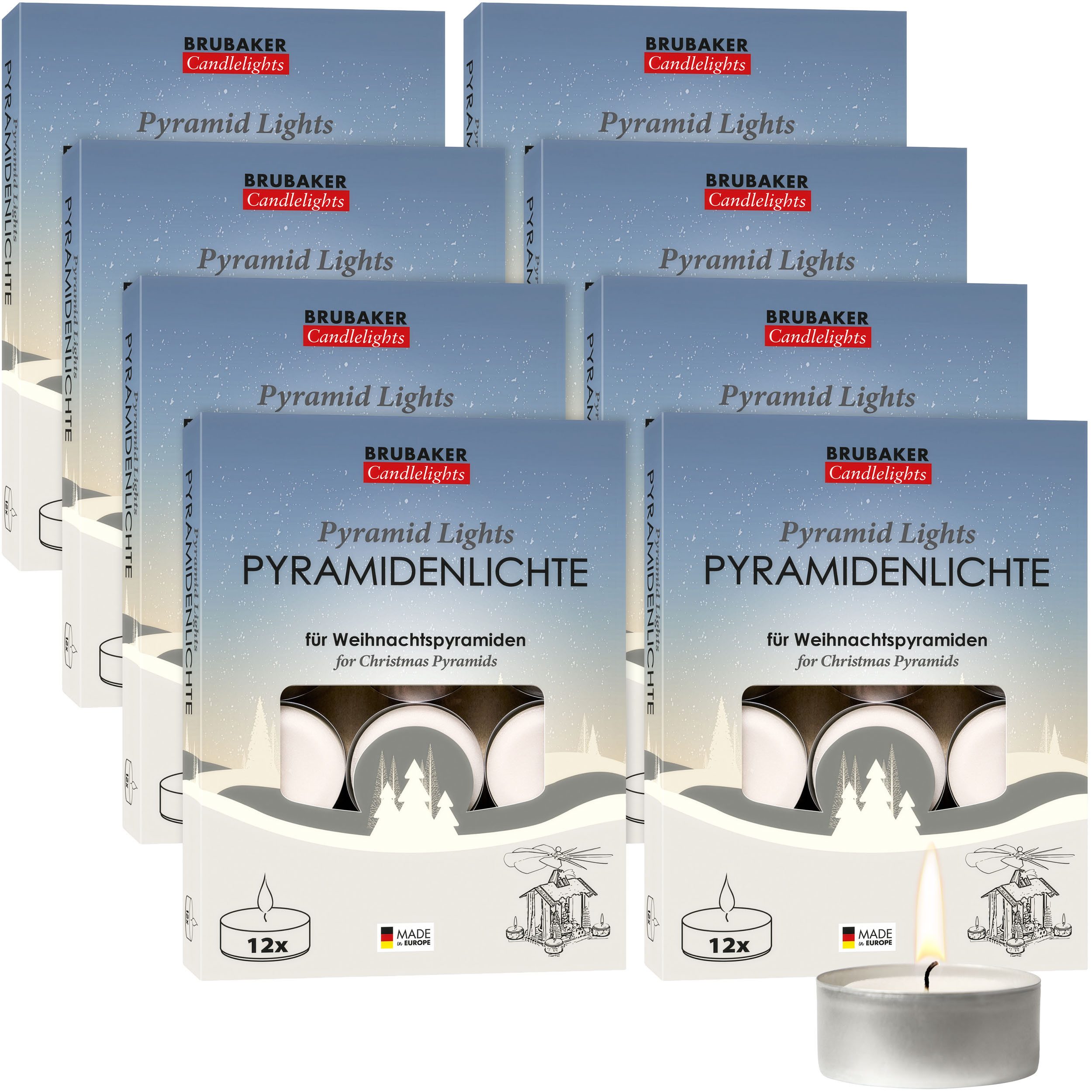 BRUBAKER Teelicht Pyramidenteelichter aus Paraffin mit Metallhülle - Pyramidenlichte (Extra Große Flamme, 96-tlg., Lange Brenndauer), Pyramiden-Teelichter für Weihnachtspyramiden & Weihnachtsdeko