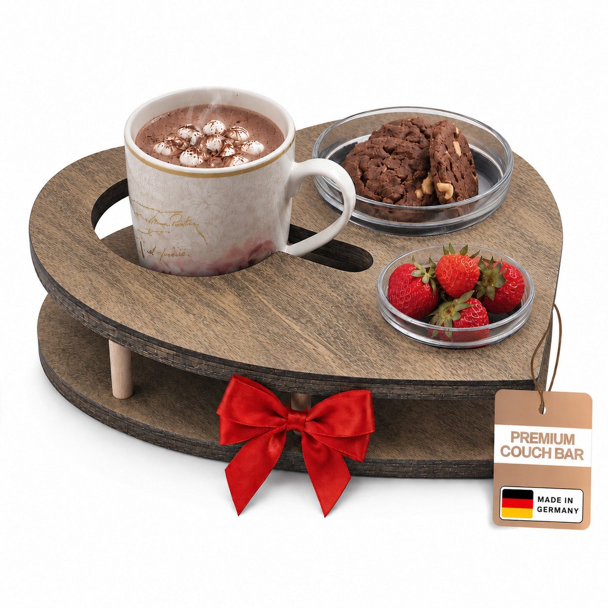 PEGSEN Servierplatte Couchbar Herz aus Holz mit Getränkehalter & 2 Snackschalen, Birkenholz, (Geschenkset, 3-tlg., lebensmittelechte Glasschalen, Snackbox, Sofa Tablett), alles steht stabil & sicher, perfekte Geschenkidee