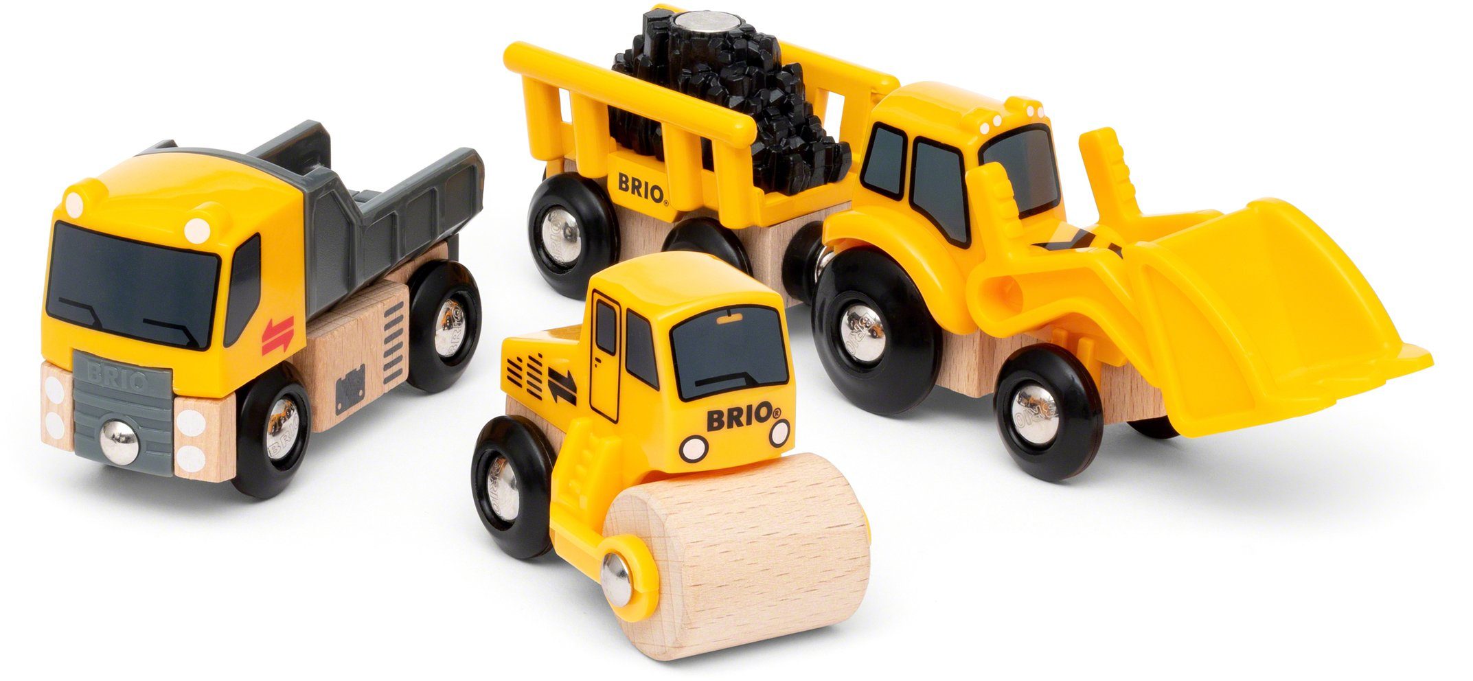 BRIO® Spielzeug-Eisenbahn Baustellenfahrzeuge, (Set, 3-tlg), Kipper, Walze und Bagger m. Anhänger; FSC® - schützt Wald - weltweit