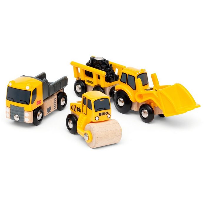 BRIO® Spielzeug-Eisenbahn Baustellenfahrzeuge (Set 3-tlg) Kipper Walze und Bagger m. Anhänger; FSC® - schützt Wald - weltweit