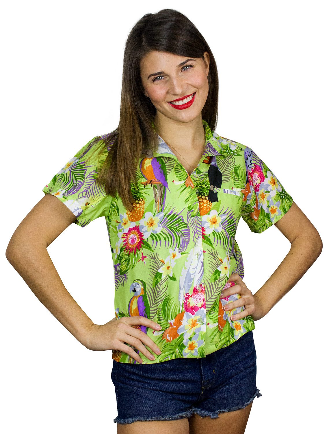 King Kameha Hawaiihemd Parrot Cockatoo Funky Hawaiibluse Damen Kurzarm Front-Tasche Stylish
