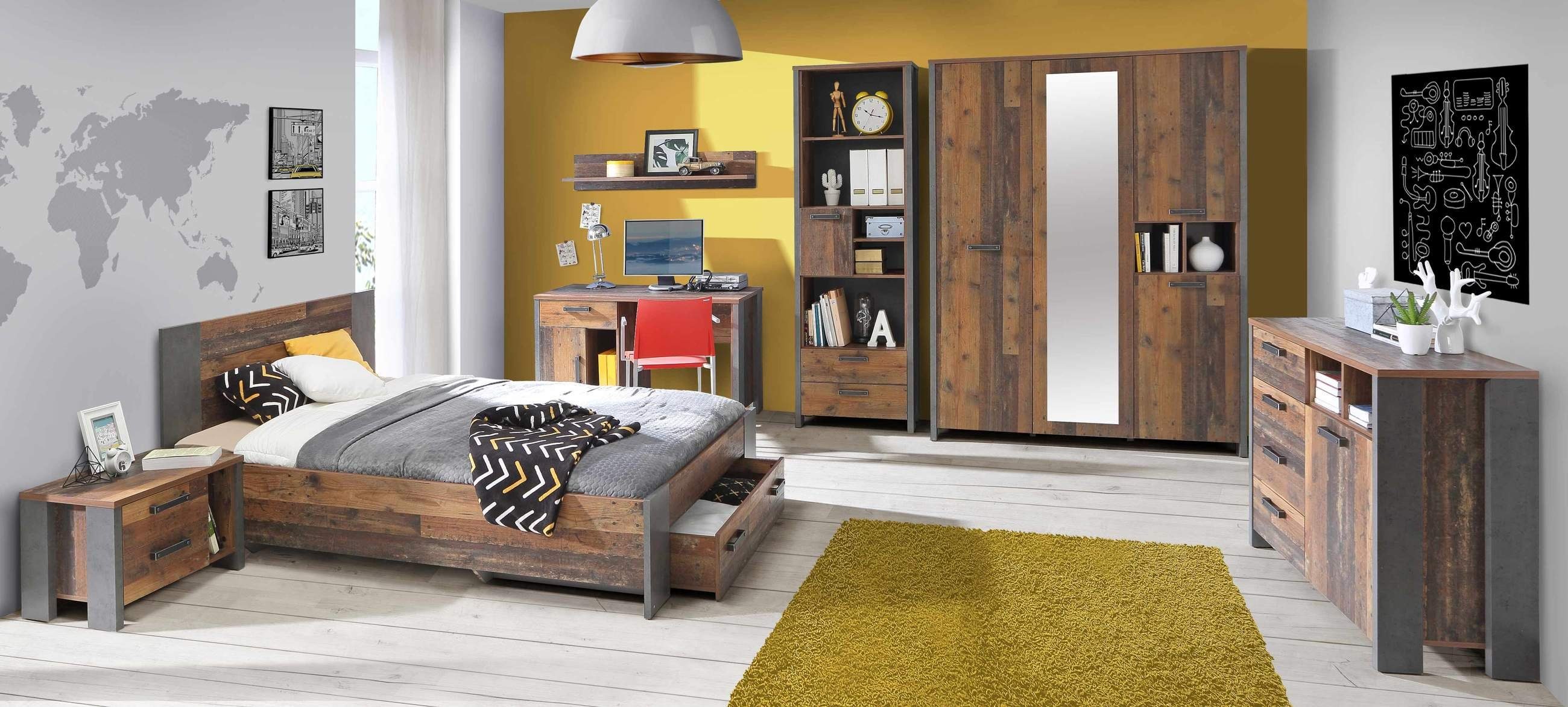 FORTE Komplettschlafzimmer Jugendzimmer CLIF Komplettset 8-tlg. Optik: Old Wood Vintage von Forte, (Komplett-Set, 8-tlg., Kommode, Bett, Schreibtisch, Regal, Schrank, Sideboard, Wandboard)