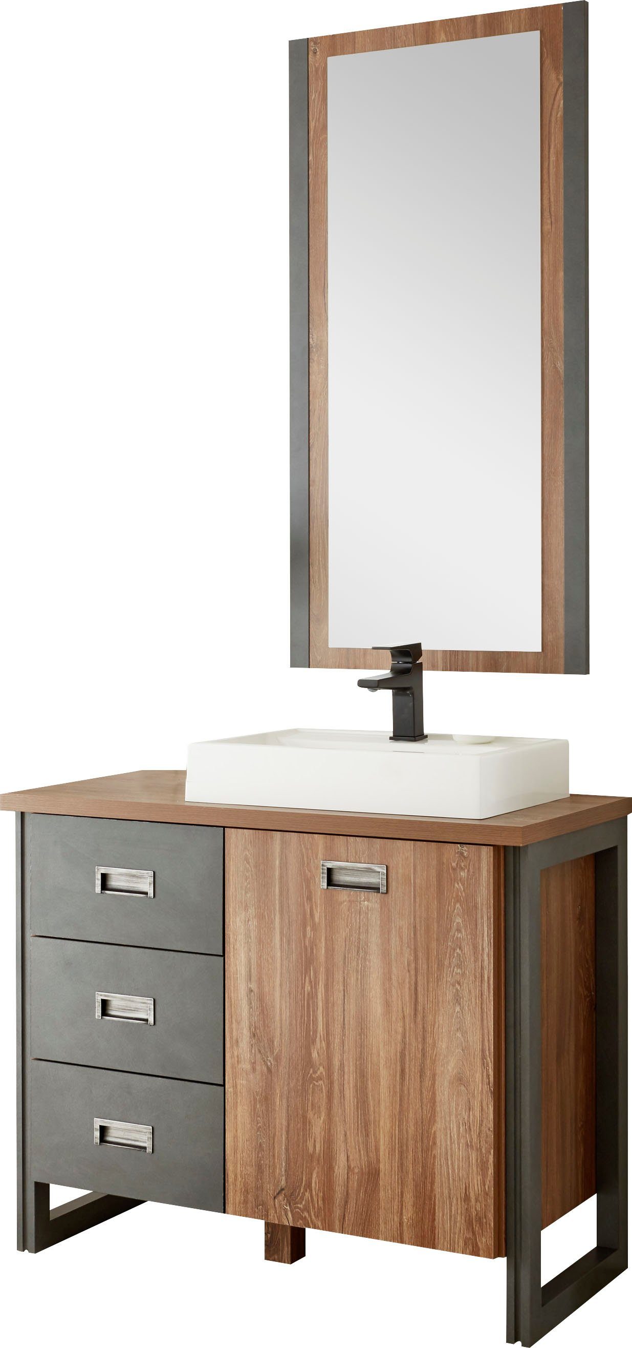 Home affaire Badmöbel-Set Detroit, Bad im Industrialdesign, 2-teiliges Badezimmer, (Set, 2-St), Waschtisch und Spiegel, inkl. Aufsatzwaschbecken aus Mineralguss