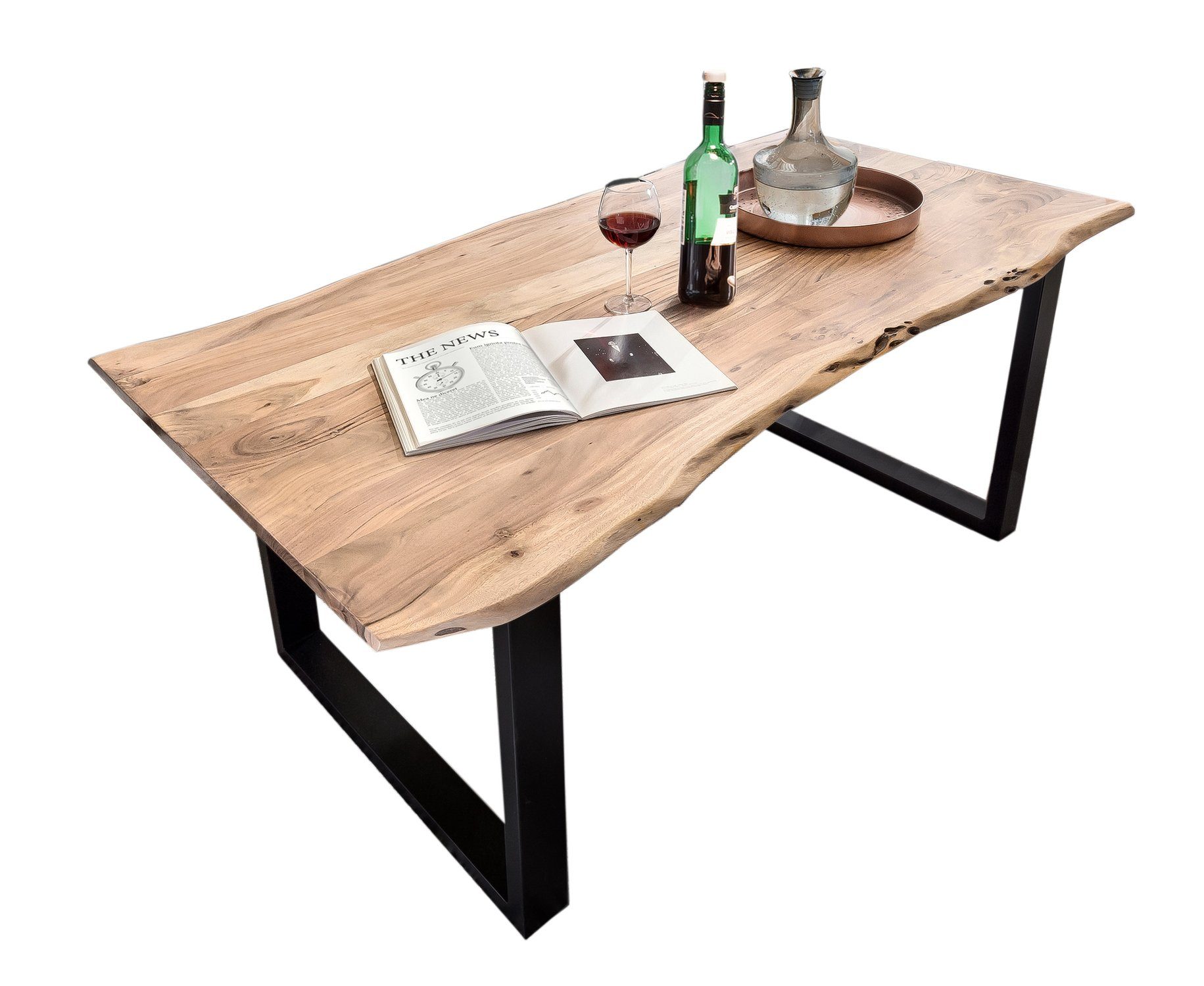 TPFLiving Baumkantentisch Artemis - Platte Akazie, Gestell Stahl (mit Baumkante wie gewachsen - Platte natur, Gestell schwarz, Baumkantentisch - Desinger Tisch Luxus - Esstisch massiv), Plattenstärke 36 mm - Baumkantentisch 160x85cm