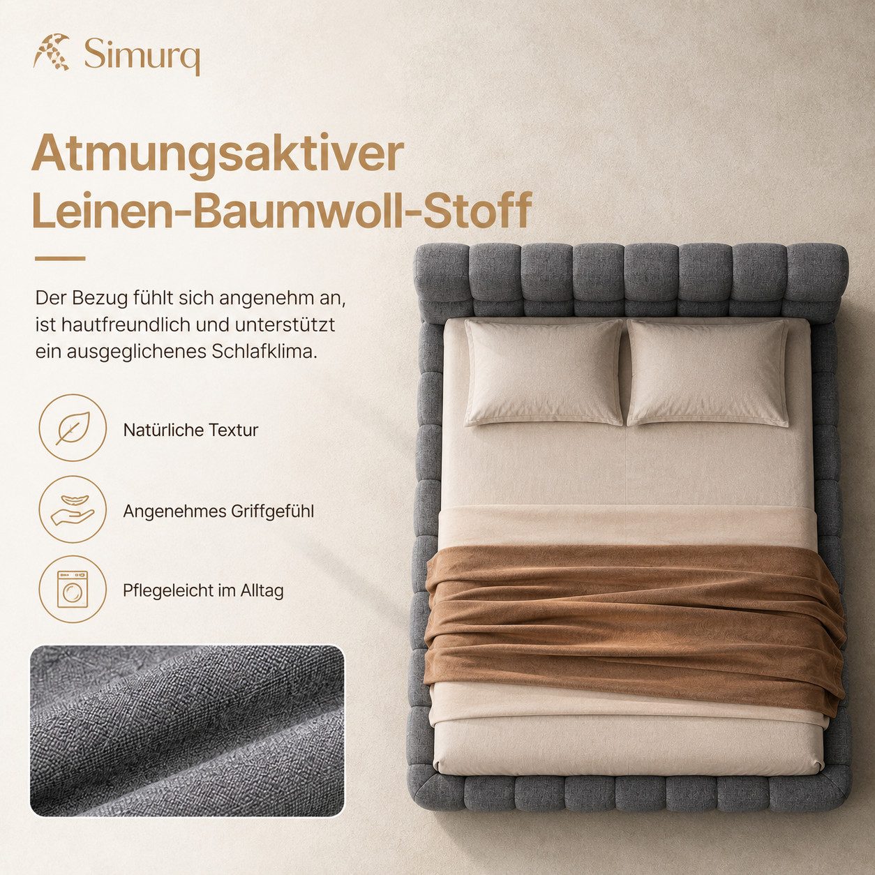 Simurq Polsterbett Doppelbett 140x200 cm, grauer Leinenstoff. (Polsterbett ohne Matratze, Polsterbett ohne Matratze), Matratzenhalterung, 250 kg Tragkraft – Bild 5 von 5