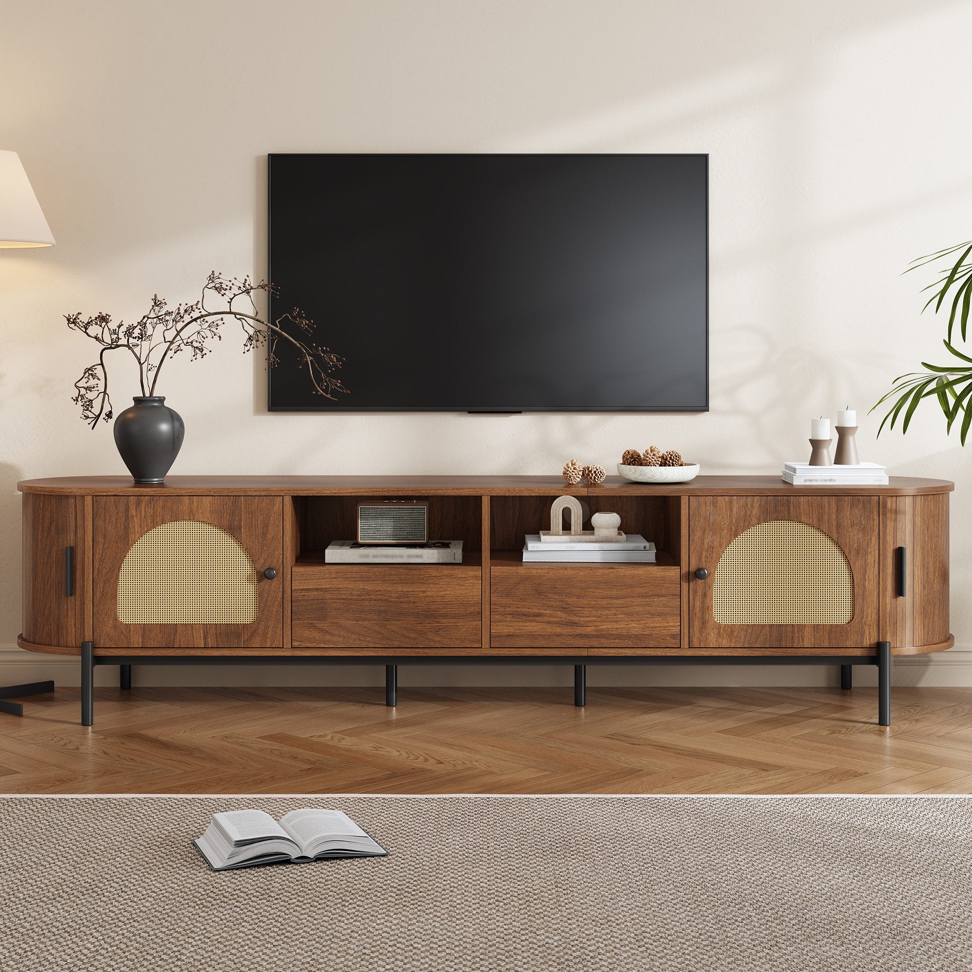 Merax Lowboard mit Rattan-Schiebetüren, Oval TV-Schrank in Holzoptik (1 St), TV Lowboard mit 2 Türen, 2 Schubladen & Stauraum, 200x40x49,5 cm – Bild 3 von 5