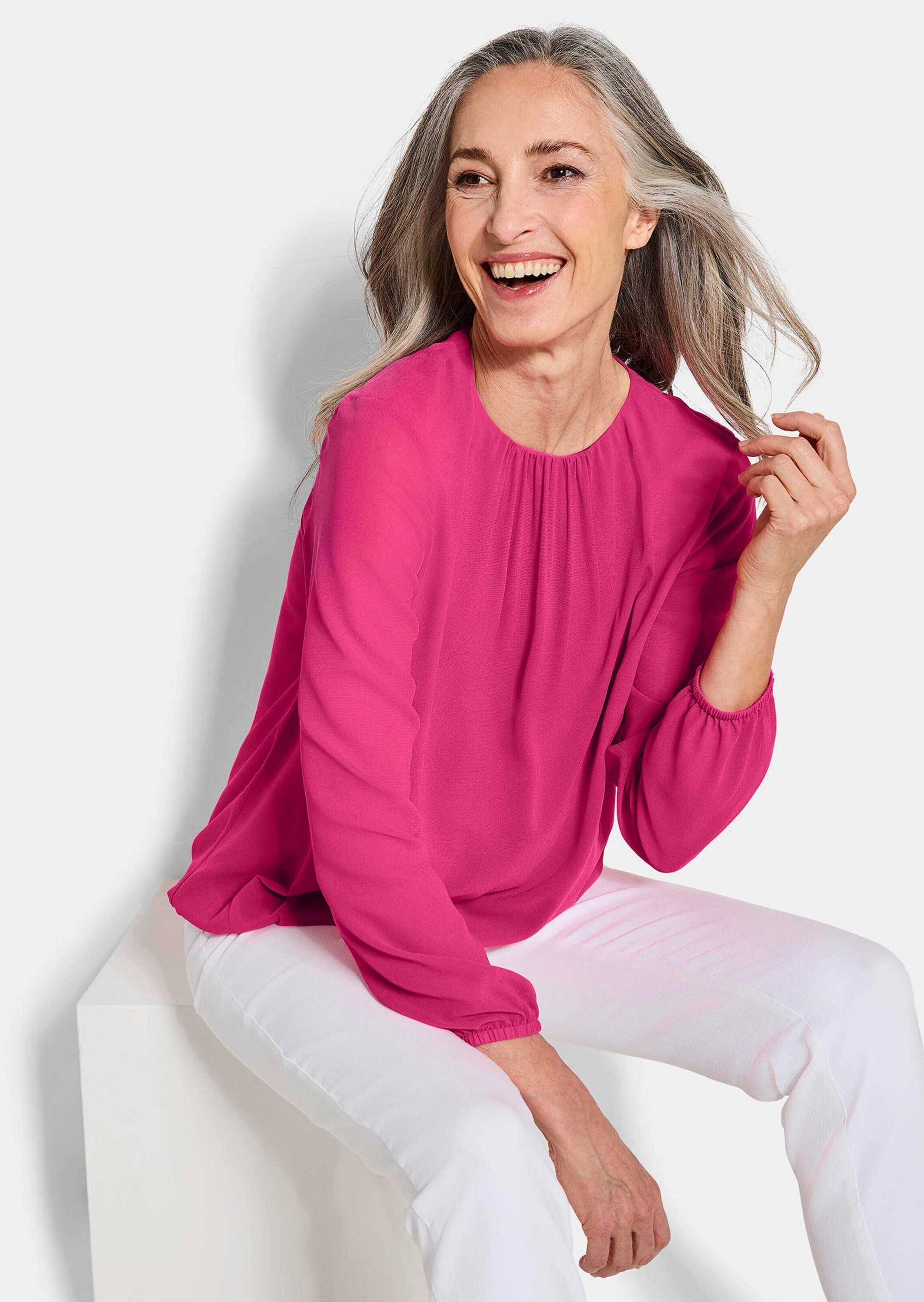 GOLDNER Klassische Bluse Jerseybluse mit Falten-Details Blusenshirt mit Rundhals, Gummibündchen und Langarm