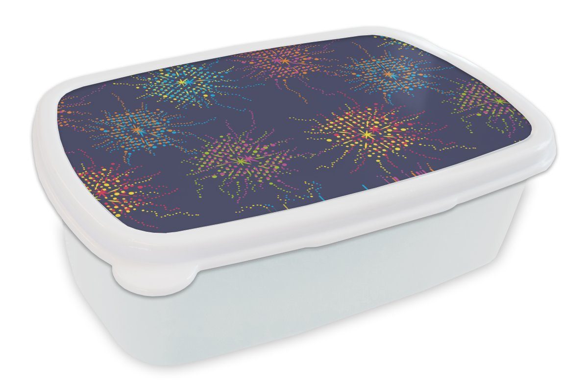 MuchoWow Lunchbox Feuerwerk - Digital - Muster, Kunststoff, (2-tlg), Brotbox für Kinder und Erwachsene, Brotdose, für Jungs und Mädchen weiß