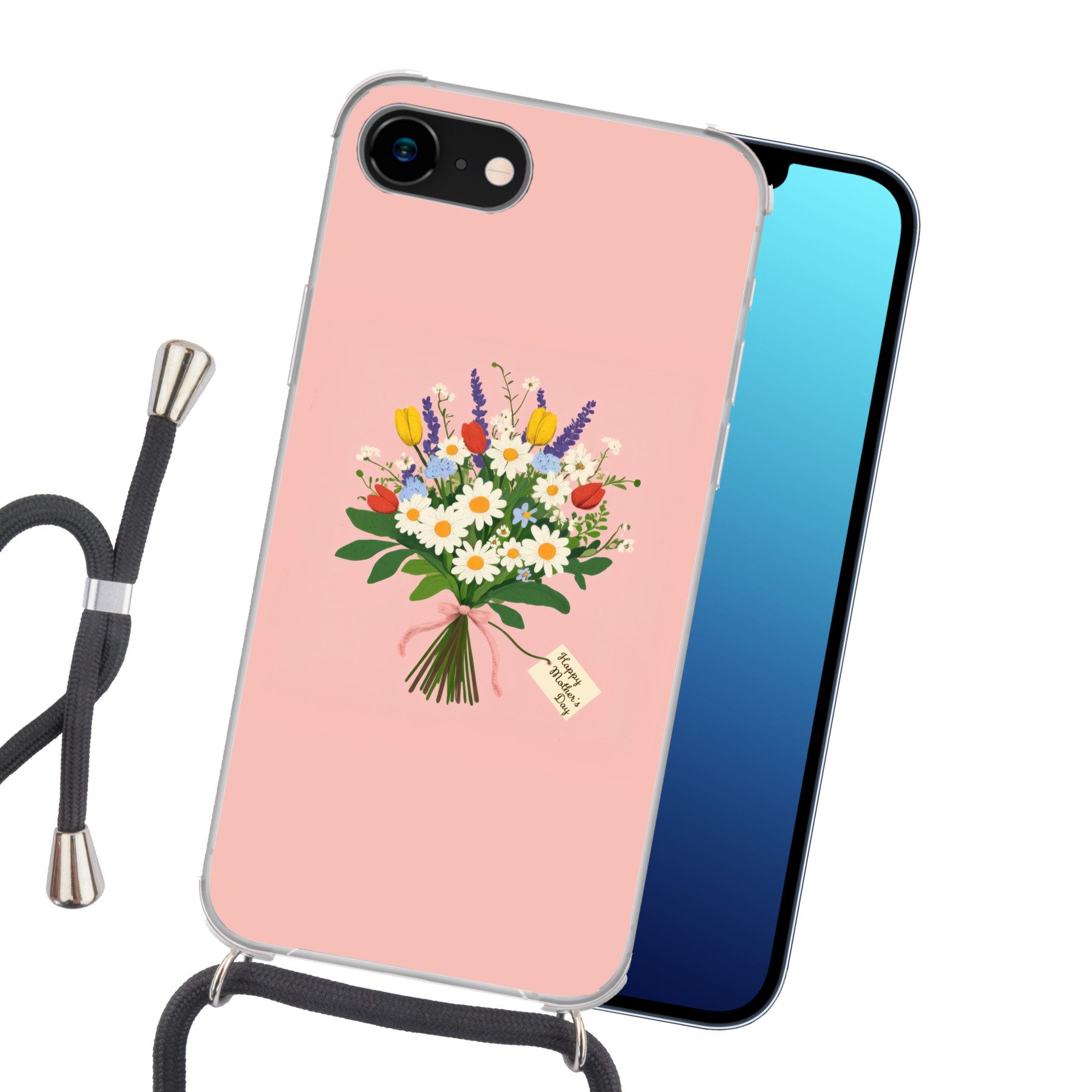 MuchoWow Handyhülle für Apple iPhone 8 Blumen - Farbband - Karte, Tragbare Handyhüllen mit Kette zum umhängen, Handykette Handyband
