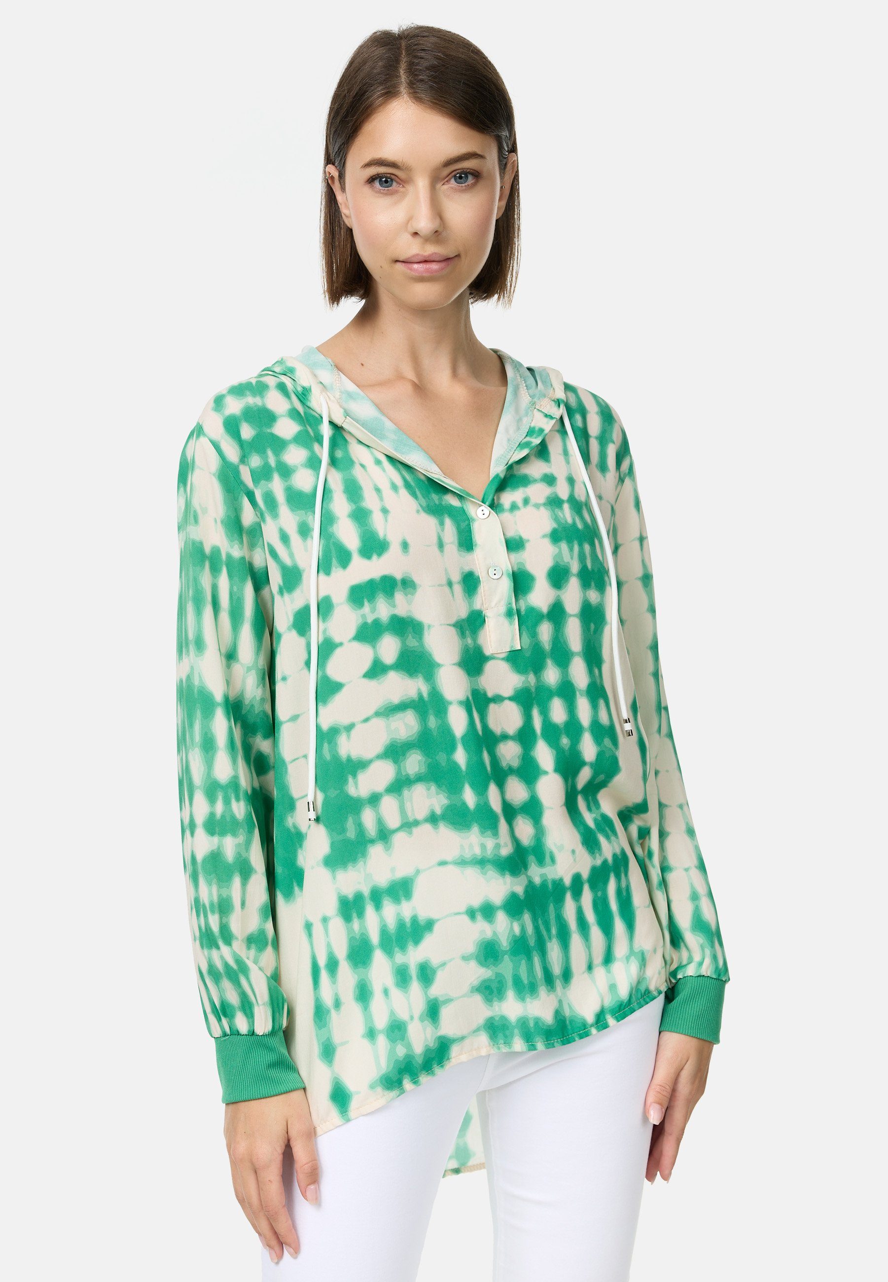 Rayshyne Schlupfbluse PM63 (Stilvolle Hoodie Bluse mit Batikmuster) mit Kapuze, Perlmuttknöpfe