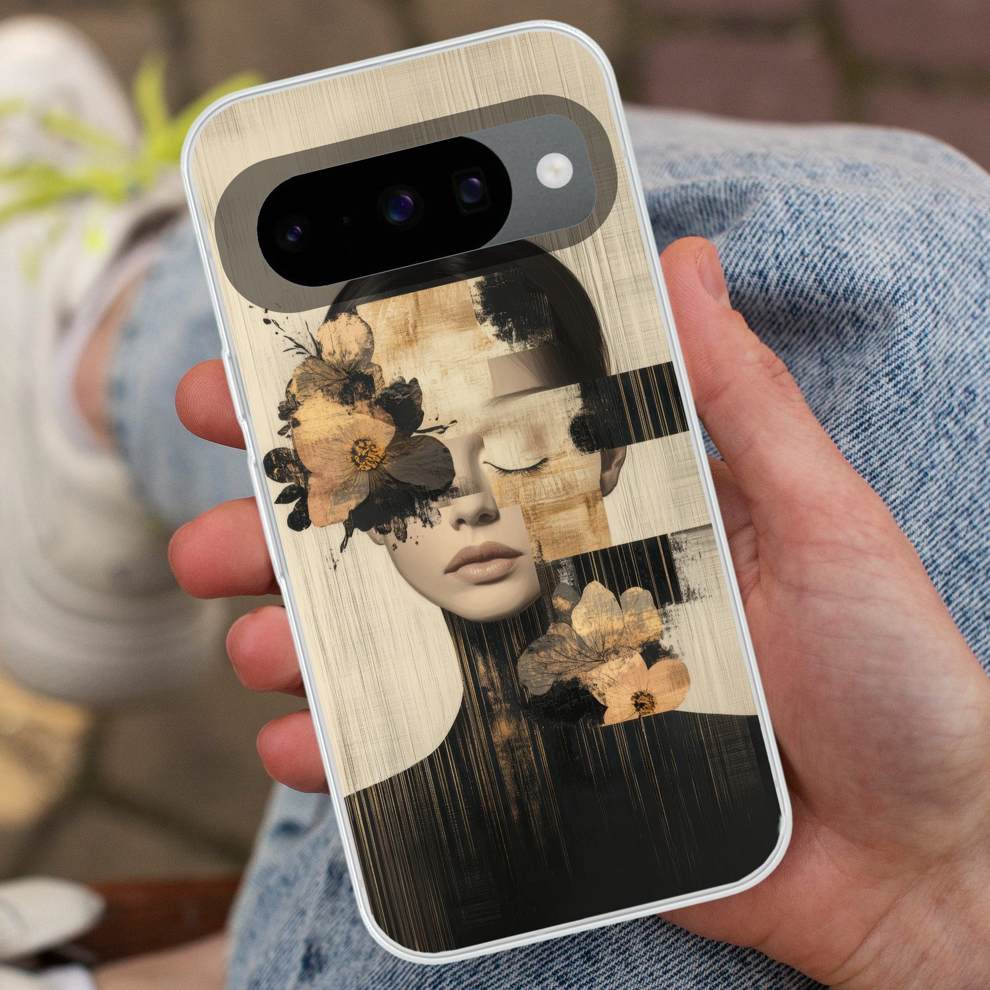 MuchoWow Handyhülle für Google Pixel 10 Pro Gesicht - Blumen - Schwarz - Frau, Handy Case, Silikon, Bumper Case Dünn