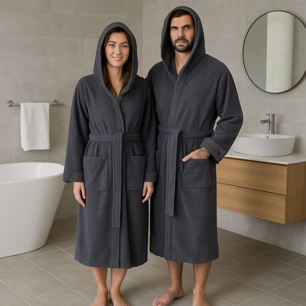 Betz Bademantel Saunamantel mit Kapuze BERLIN für Herren und Damen, Wadenlang, 100% Baumwolle, Kapuze, gürtel