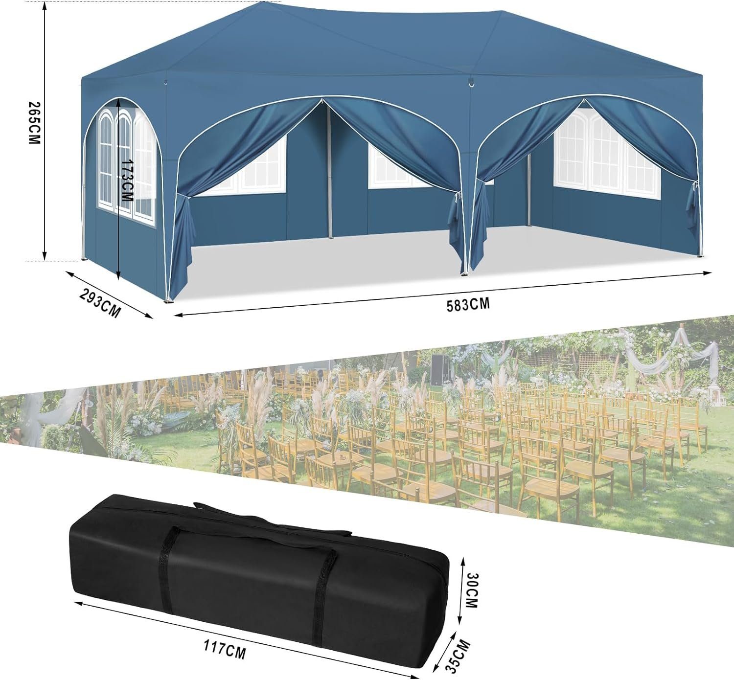 Woltu Pavillon, mit 6 Seitenteilen, 3x6 m, mit 6 Seitenwänden, höhenverstellbar