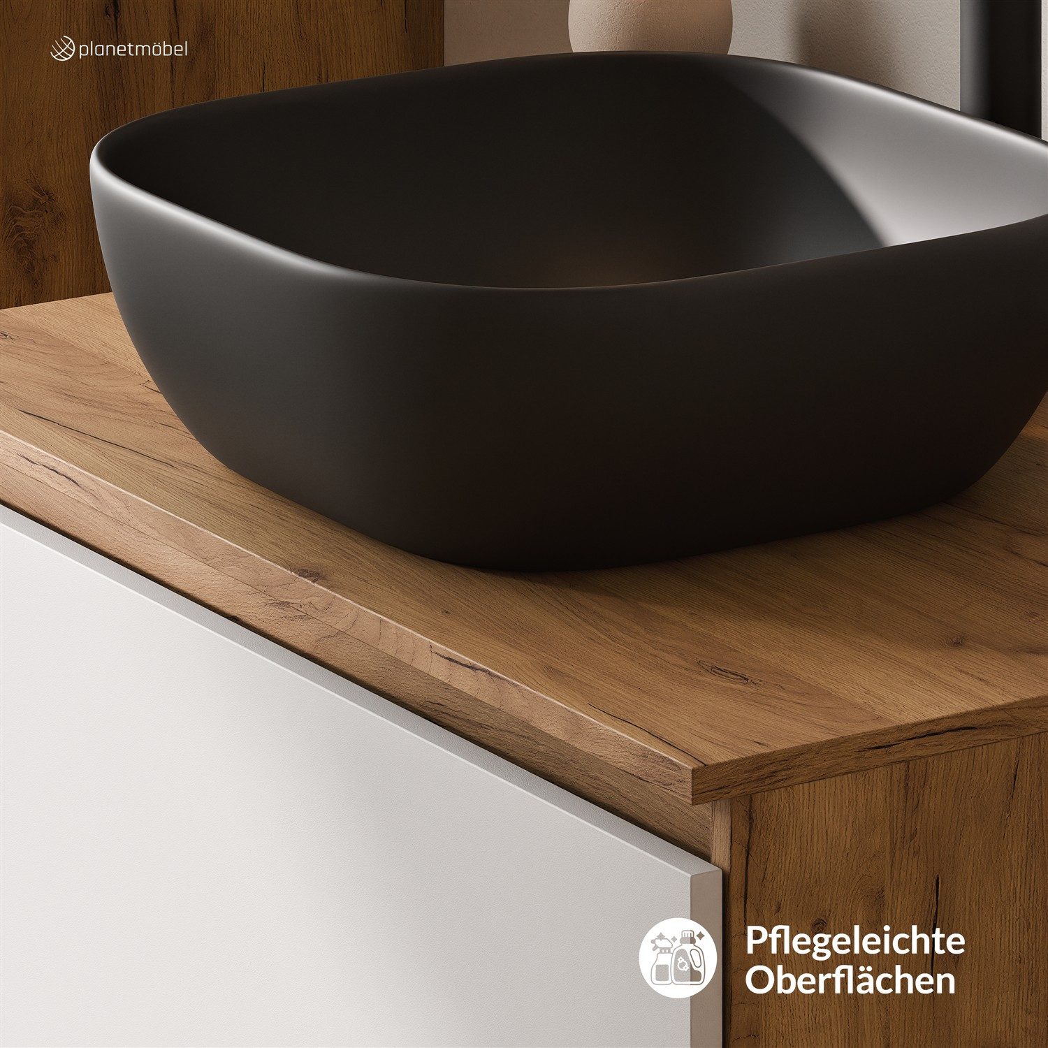 Planetmöbel Waschtisch-Set Arisa 2 teilig, Waschtisch mit Unterschrank 80 cm, Waschbecken 42 cm, (Waschtischunterschrank hängend für Gäste WC & Bad, weiß, Badmöbel Set mit Waschbecken 42 cm schwarz), Schublade mit Soft-Close Funktion