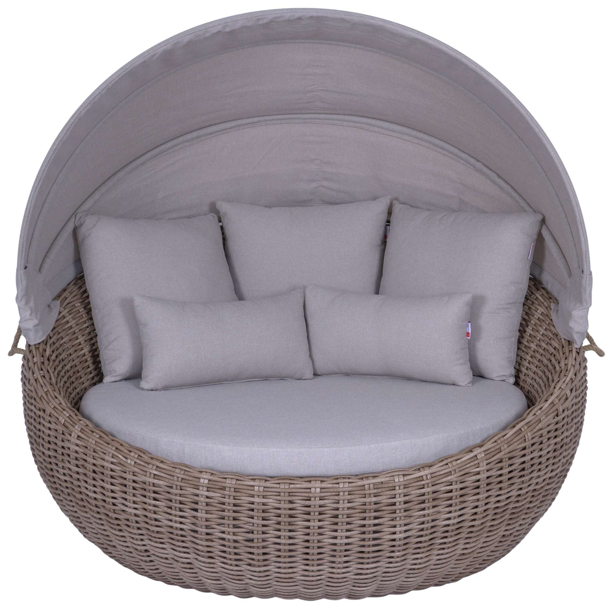 MR.DEKO Sonneninsel Marano Gartenlounge-Set aus Rattan 170cm beige inkl. Schutzhülle, Gartenmöbel Set mit 170cm Durchmesser, große Liegefläche 1 Teile, UV-beständig inkl. klappbarem Sonnendach, 5 Kissen & Schutzhülle