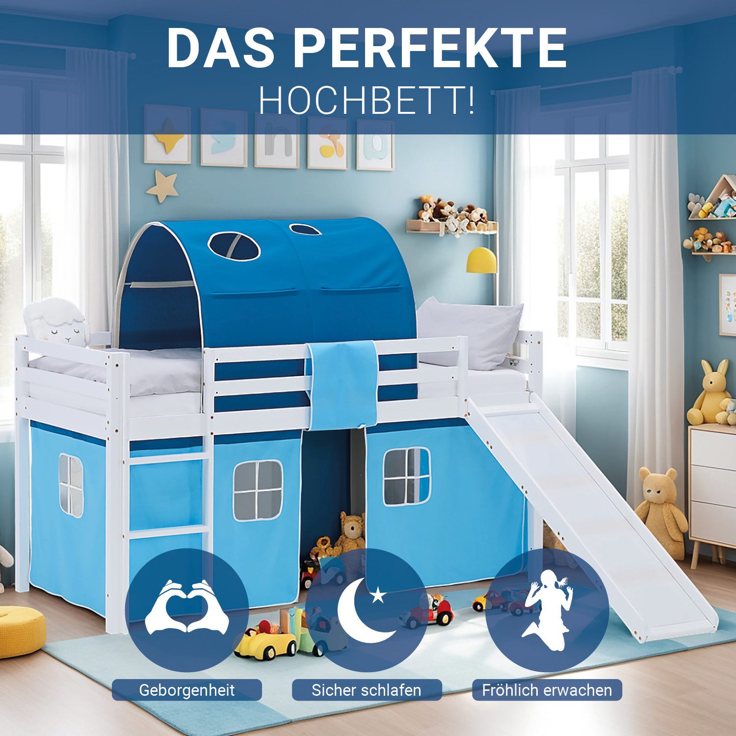 Homestyle4u Hochbett mit Rutsche 90x200 Kinderbett Jungen Kiefer Weiß Blau Treppe Vorhang (Komplett-Set mit Lattenrost, mit Rutsche, mit Tunnel, Matratze mit OEKO-TEX® Standard 100) mit Rausfallschutz, Junge Spielbett